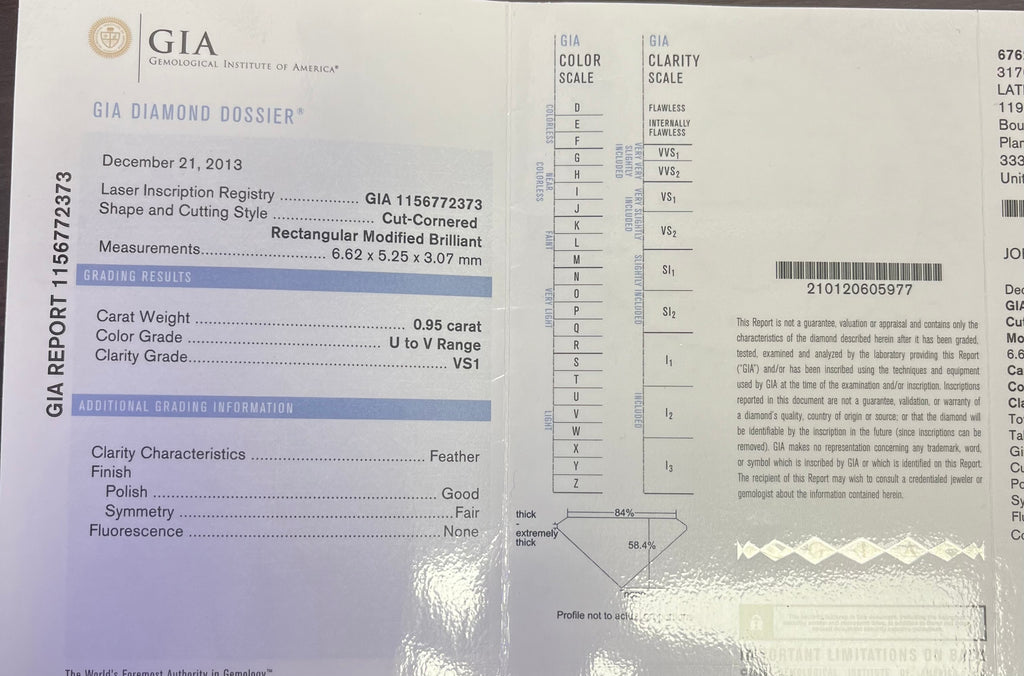 0.95 CUT-CORNERED RECTANGULAR MODIFIED BRILLIANT U TO V RANGE VS1 GIA #1156772373 CERTIFIED DIAMOND