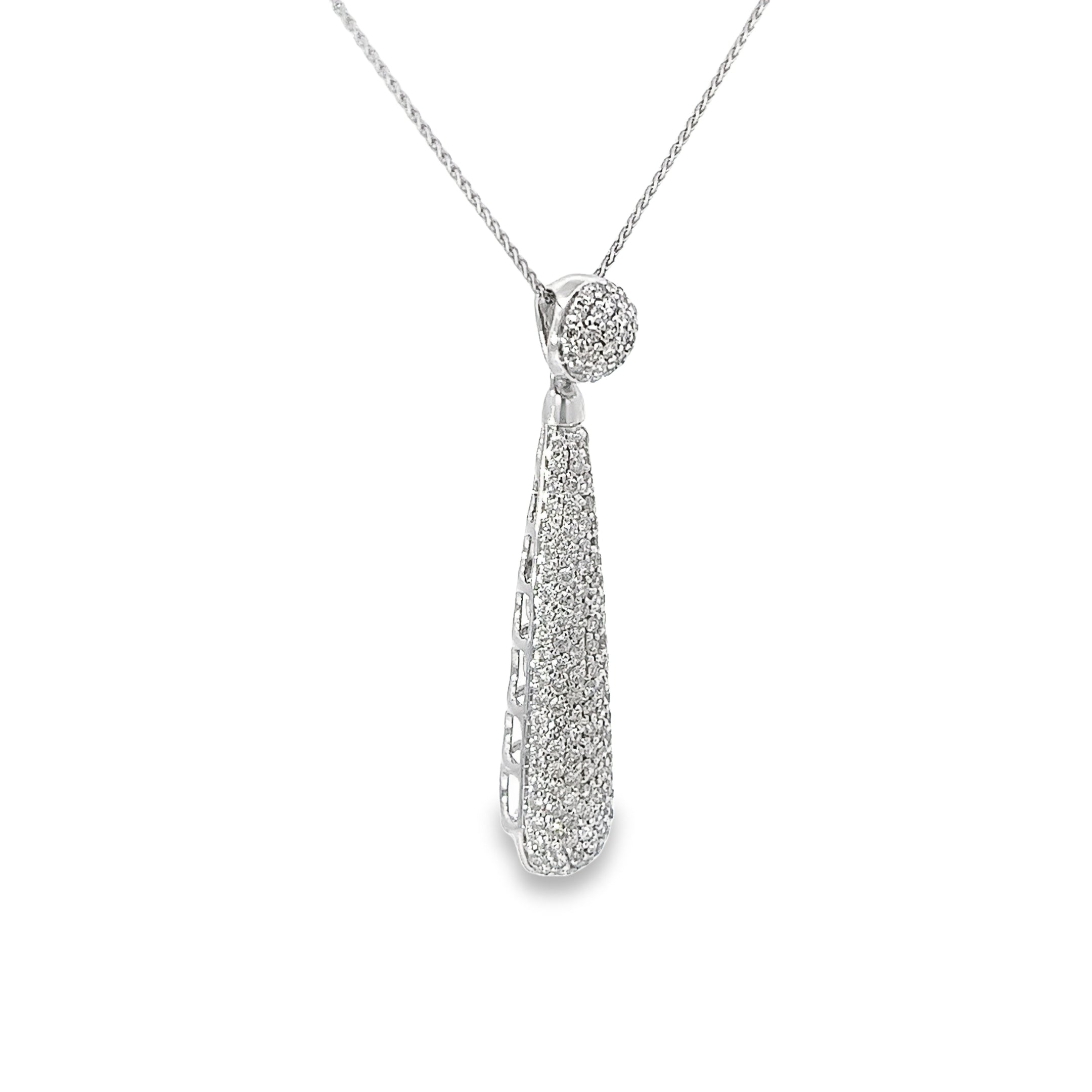 14k White Gold 2.00ct G VS2 Diamond Pave Drop Pendant 2" inch Long and 16" inch Chain