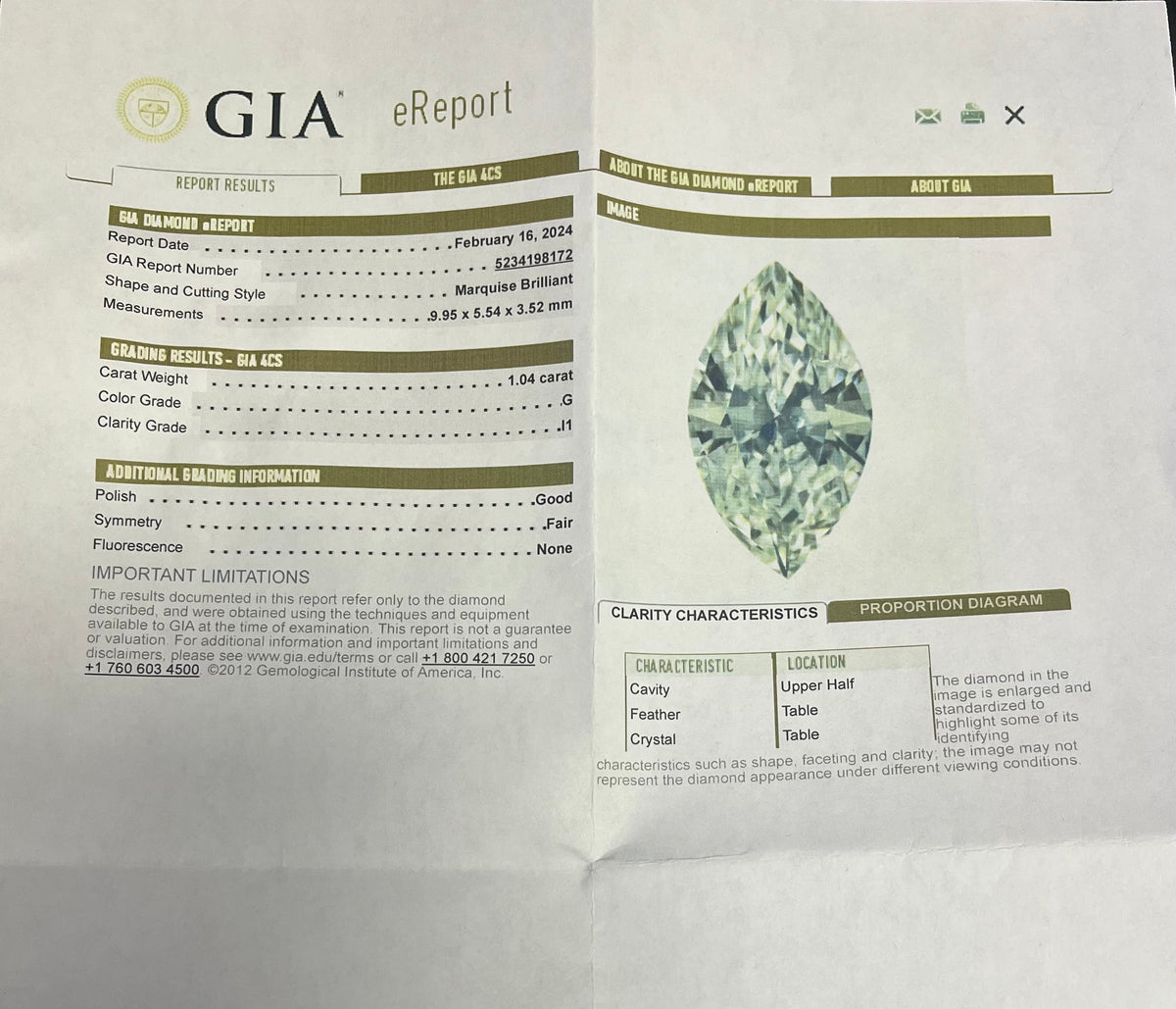 1.04ct G I1 Marquise Brilliant Diamond GIA Certified #5234198172