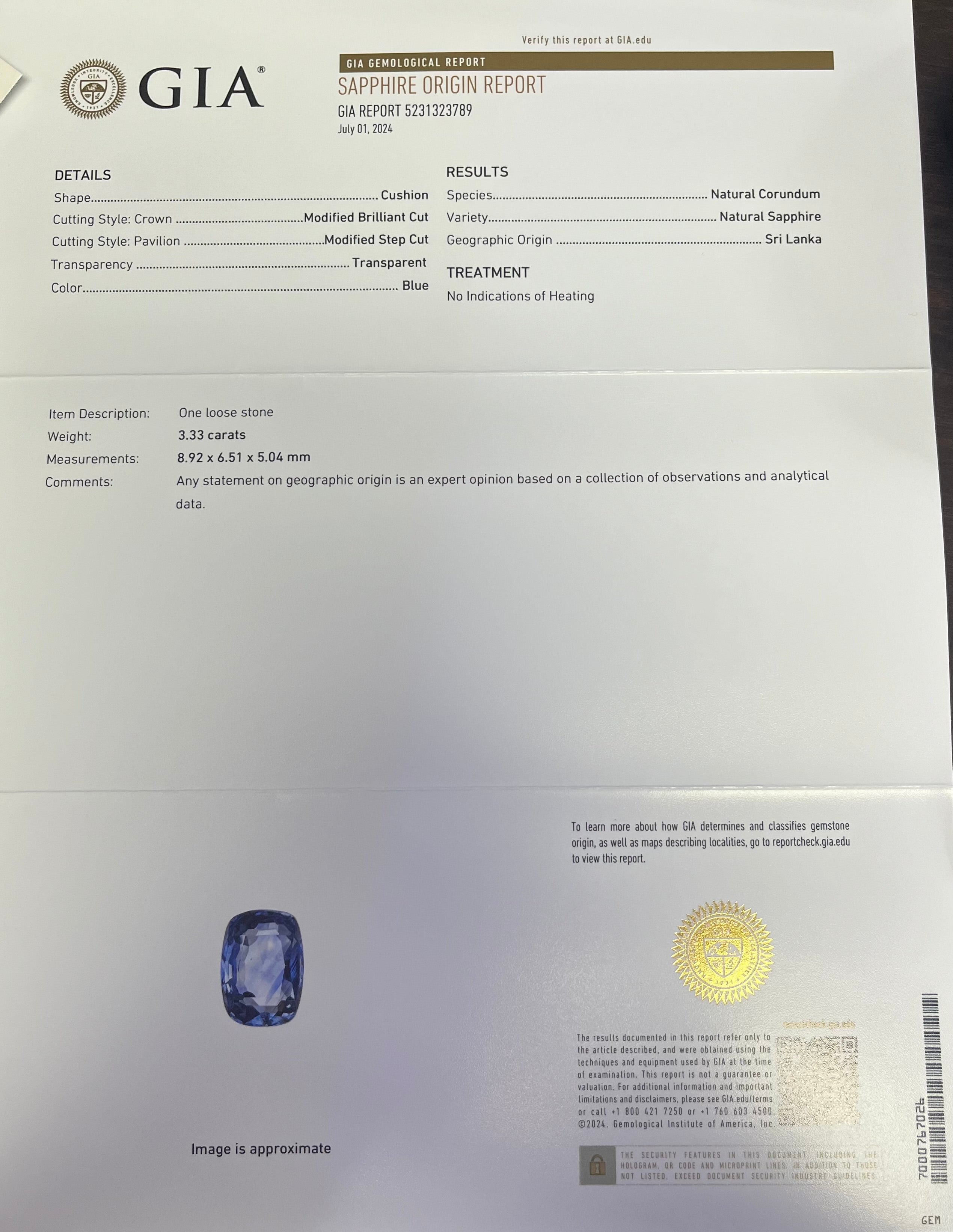 Platinum 3.33ct Cushion Blue Sapphire and along the side .80ct F VS2 Baguette Diamond Ring Certified by GIA #5231323789