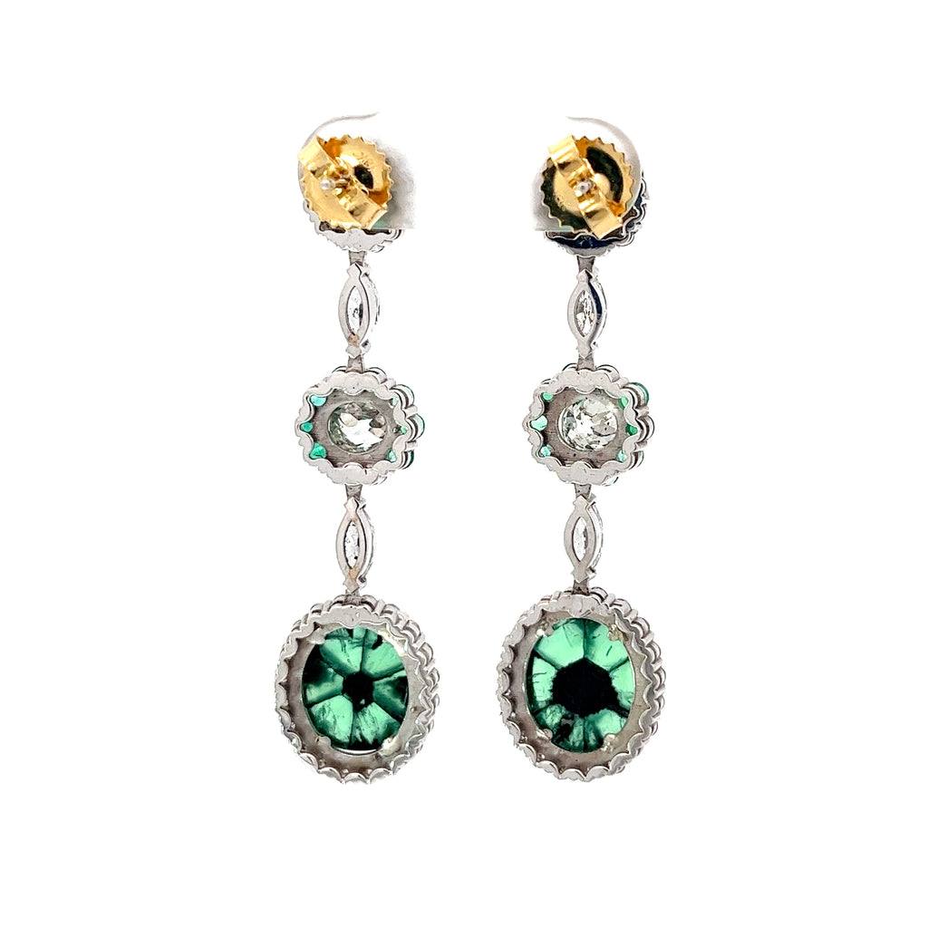 18k White Gold 8.35ct Trapiche Emerald, 1.03ct Old Mine Cut Round Diamond, .95ct Colombian Round Emeralds and .65ct G VS2 Marquise Dangle Earrings