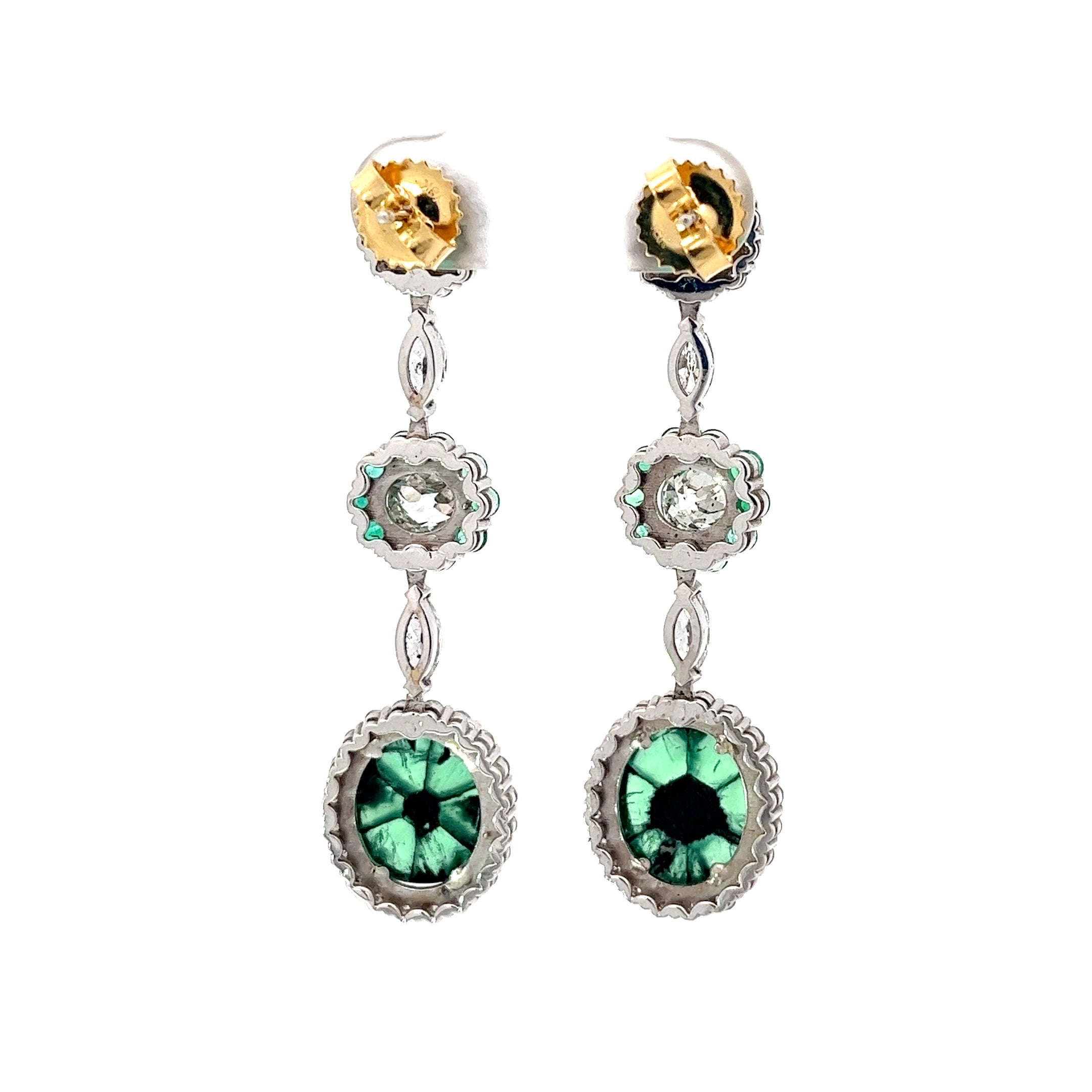 18k White Gold 8.35ct Trapiche Emerald, 1.03ct Old Mine Cut Round Diamond, .95ct Colombian Round Emeralds and .65ct G VS2 Marquise Dangle Earrings