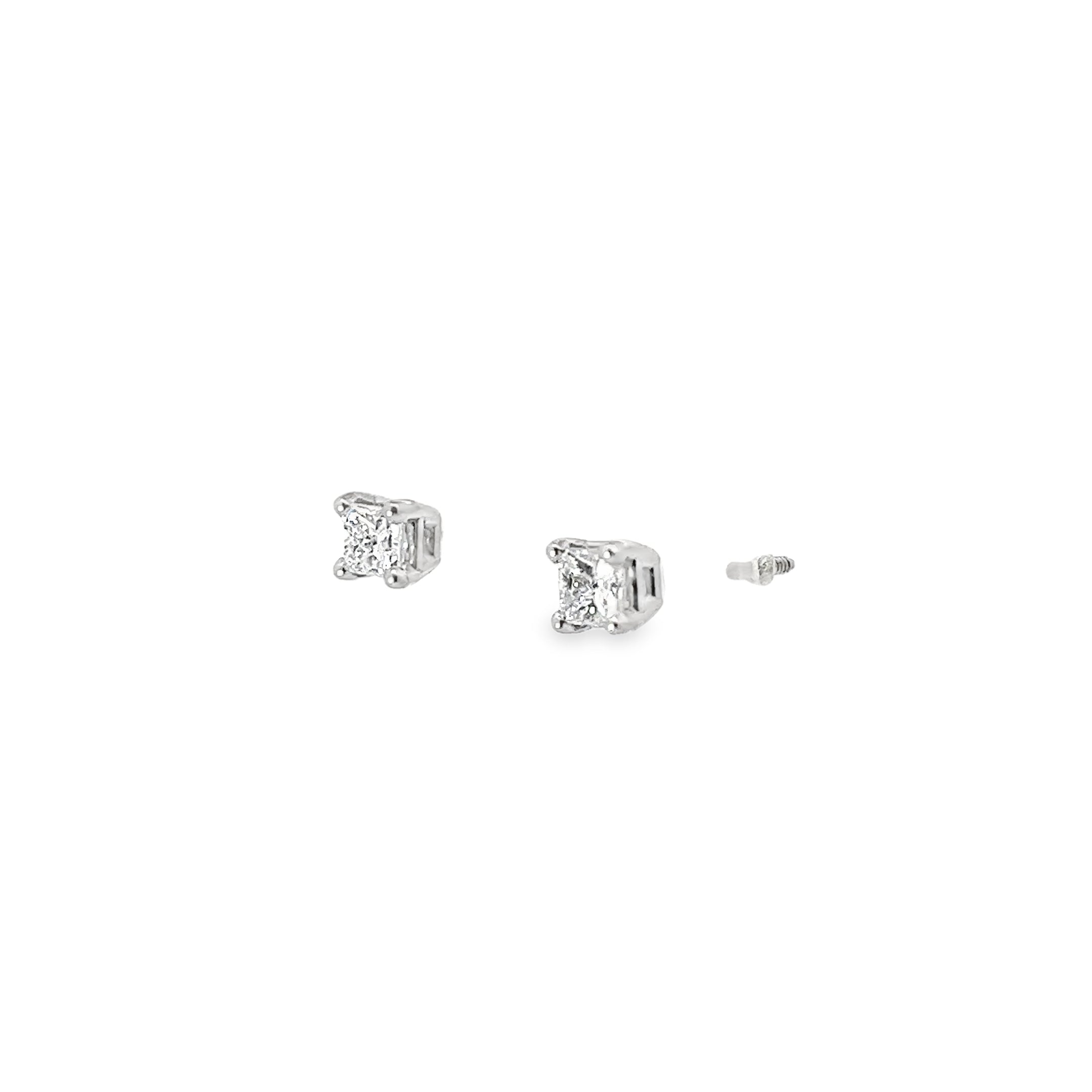 14k White Gold .80ct F SI1  Princess Cut Stud Earrings