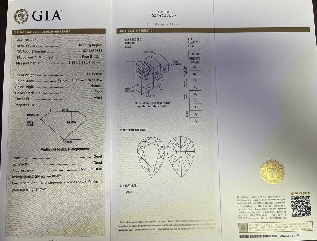 GIA Certified Natural Fancy light brown Pear shaped diamond 1.01cts  VVS2