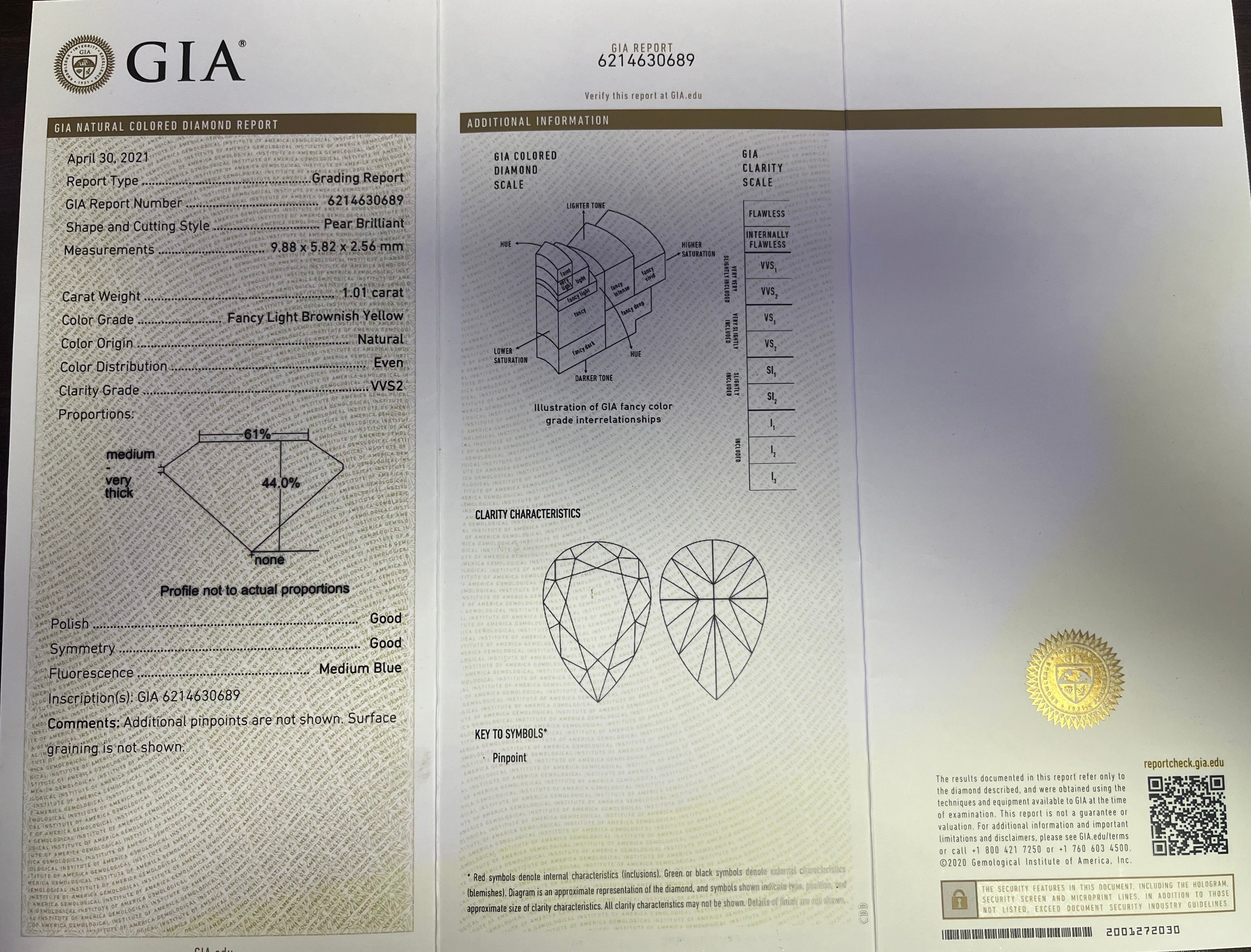 GIA Certified Natural Fancy light brown Pear shaped diamond 1.01cts  VVS2