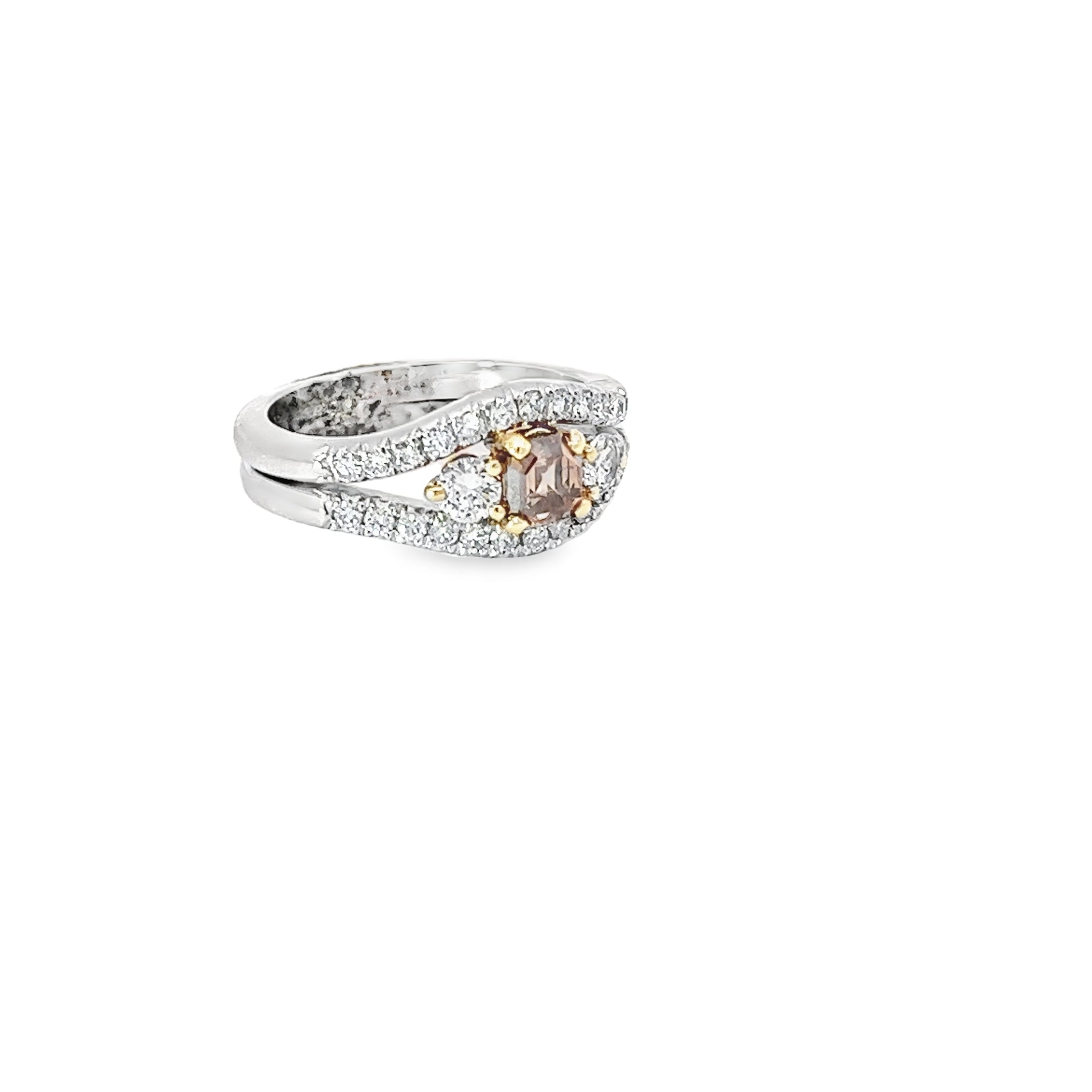 18k white Gold .70ct  Natural Fancy Dark Orange Brown  Cushion Shape Diamond and .75ct F VS1 / G VS2 Round Diamond along Engagement Ring  Certified By GIA #1206068551 Size 6 1/4