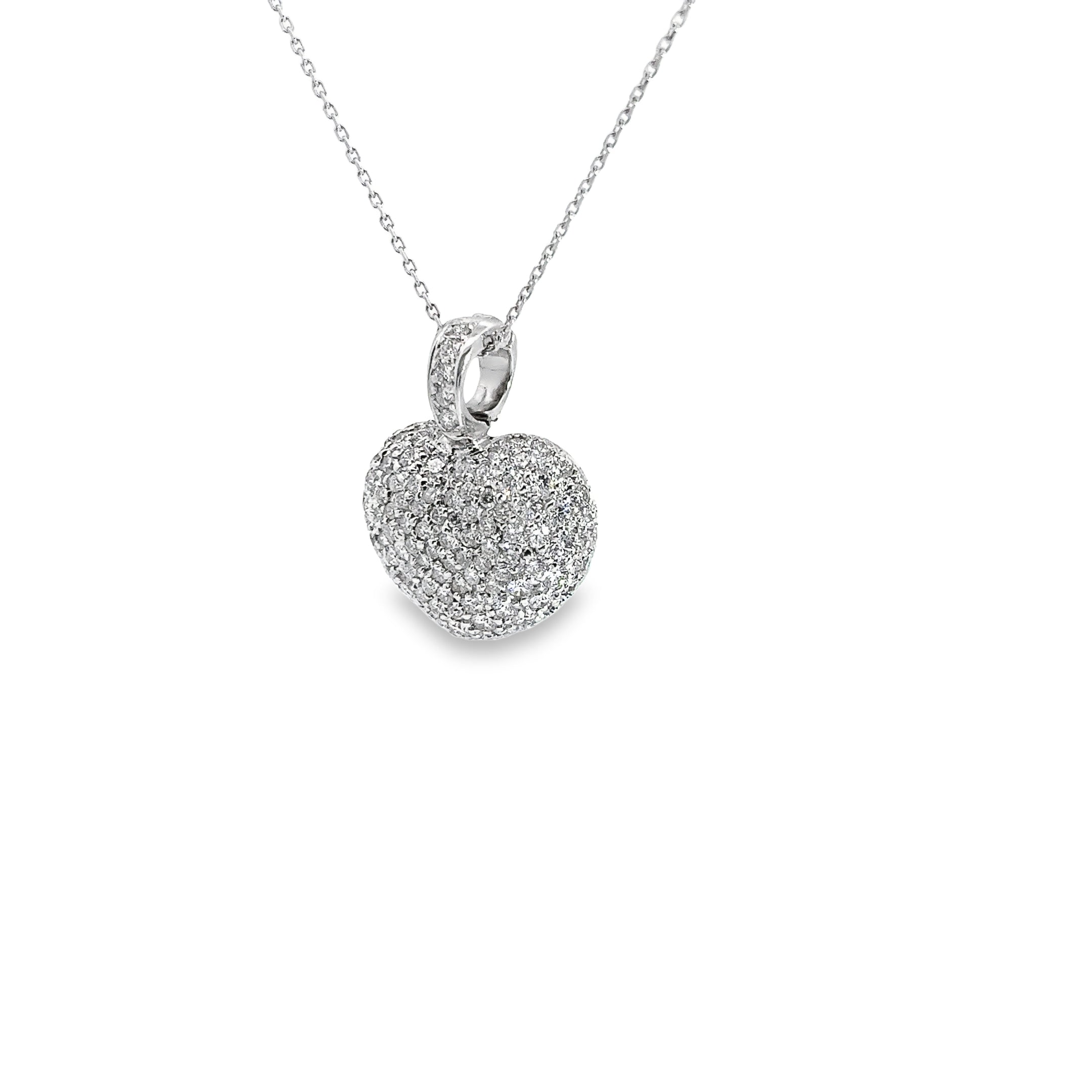 18k White Gold 2.00ct F VS2 Round Diamond Pave Puffed Heart Necklace