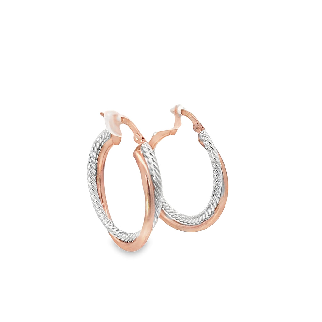 14k Rose and White Gold Twist Tube Hoop Earrings 2.8 gram