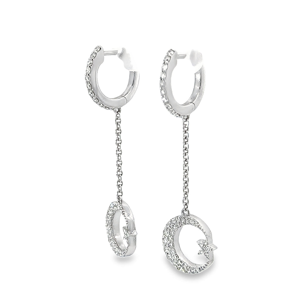 14k White Gold .75ct F VS2 Round Diamond Dangle Moon and Star Earrings