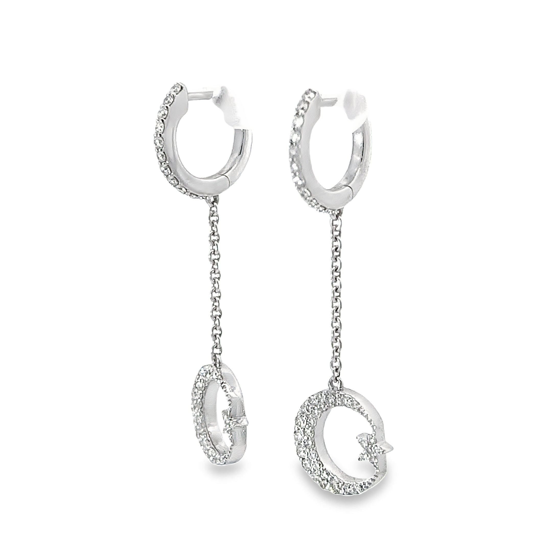 14k White Gold .75ct F VS2 Round Diamond Dangle Moon and Star Earrings