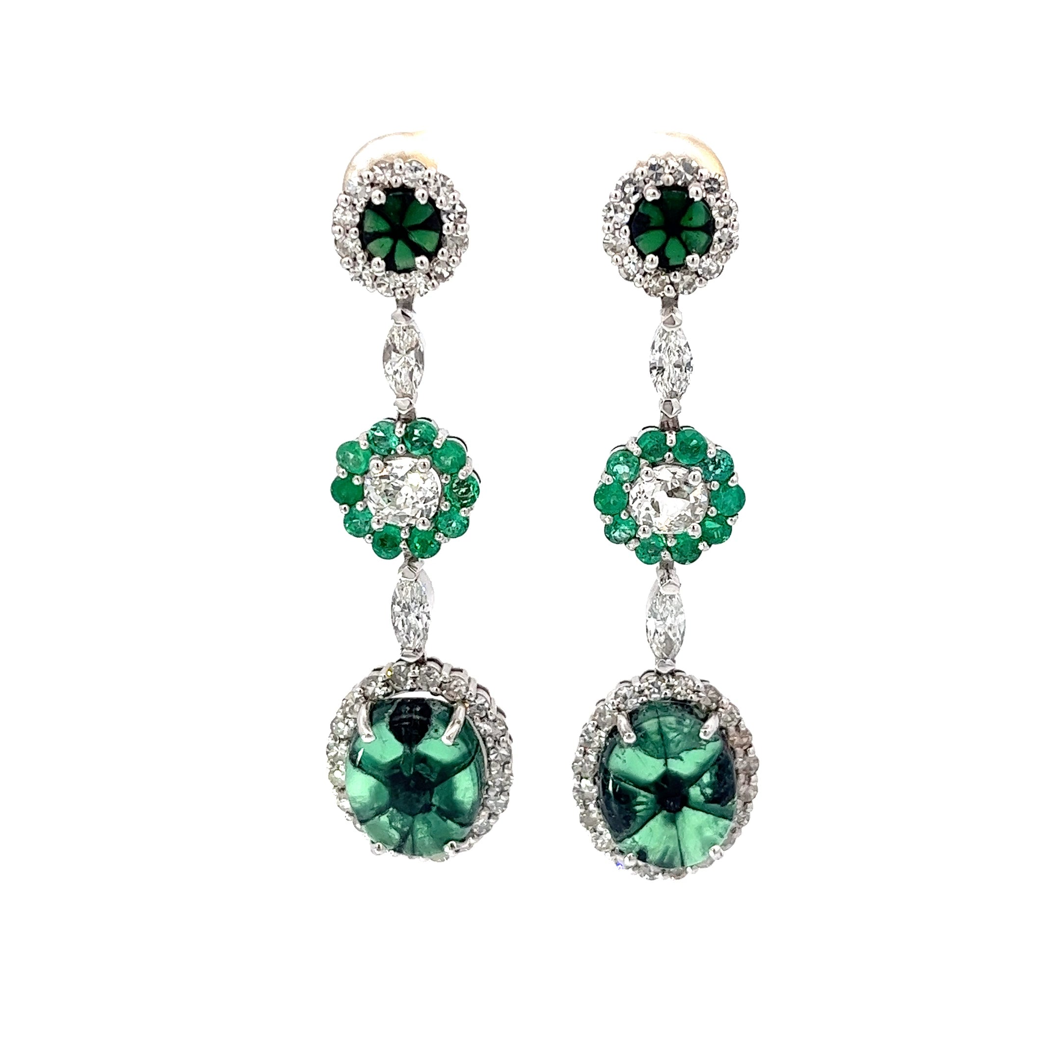 18k White Gold 8.35ct Trapiche Emerald, 1.03ct Old Mine Cut Round Diamond, .95ct Colombian Round Emeralds and .65ct G VS2 Marquise Dangle Earrings