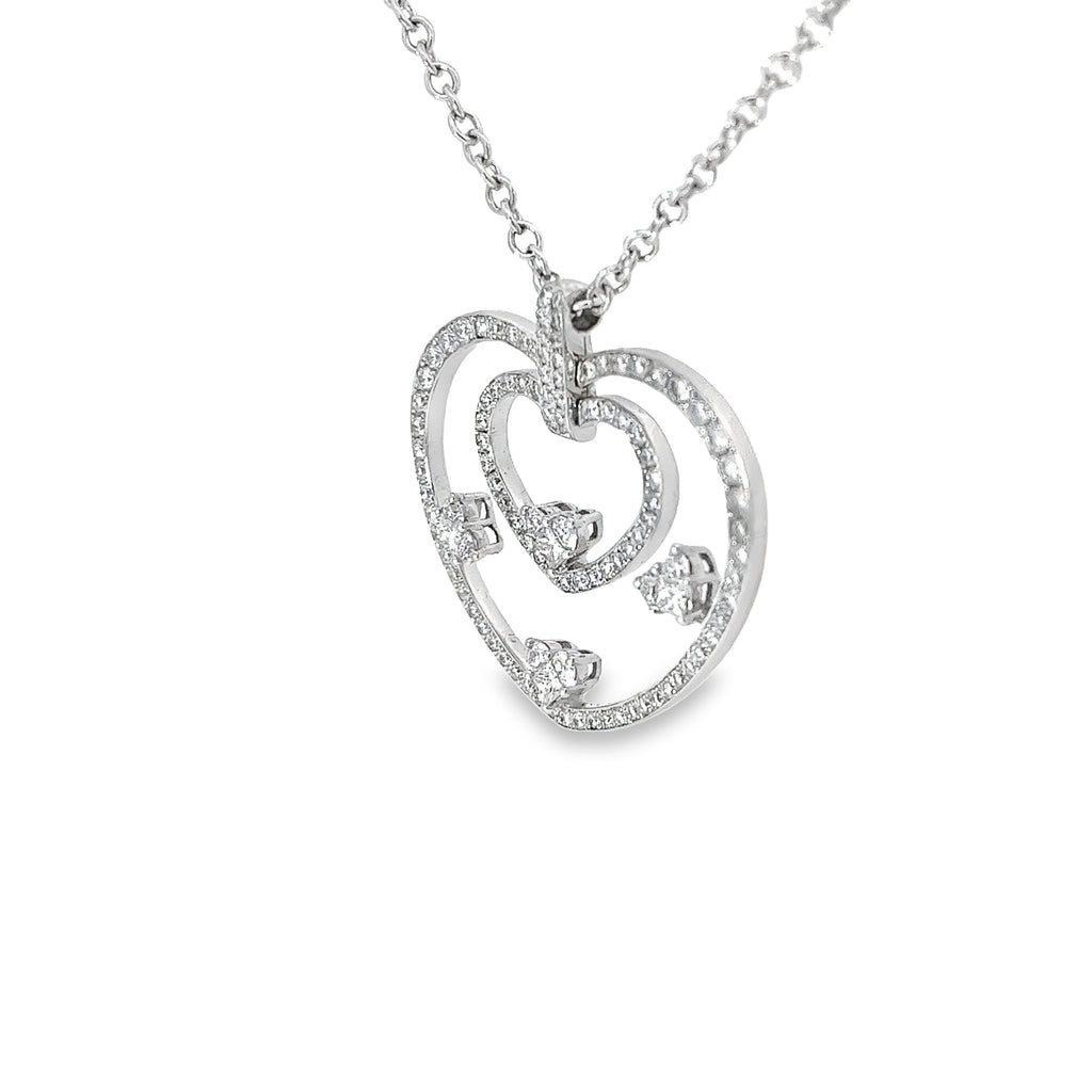 18K White Gold 2.00ct F VS2 Round and Princess Diamond Heart Necklace
