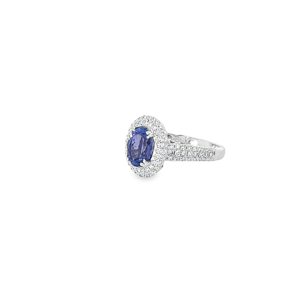 18K WHITE GOLD 2.00ct TANZANITE AA AND 1.00ct F VS2 ROUND DIAMOND PAVE RING