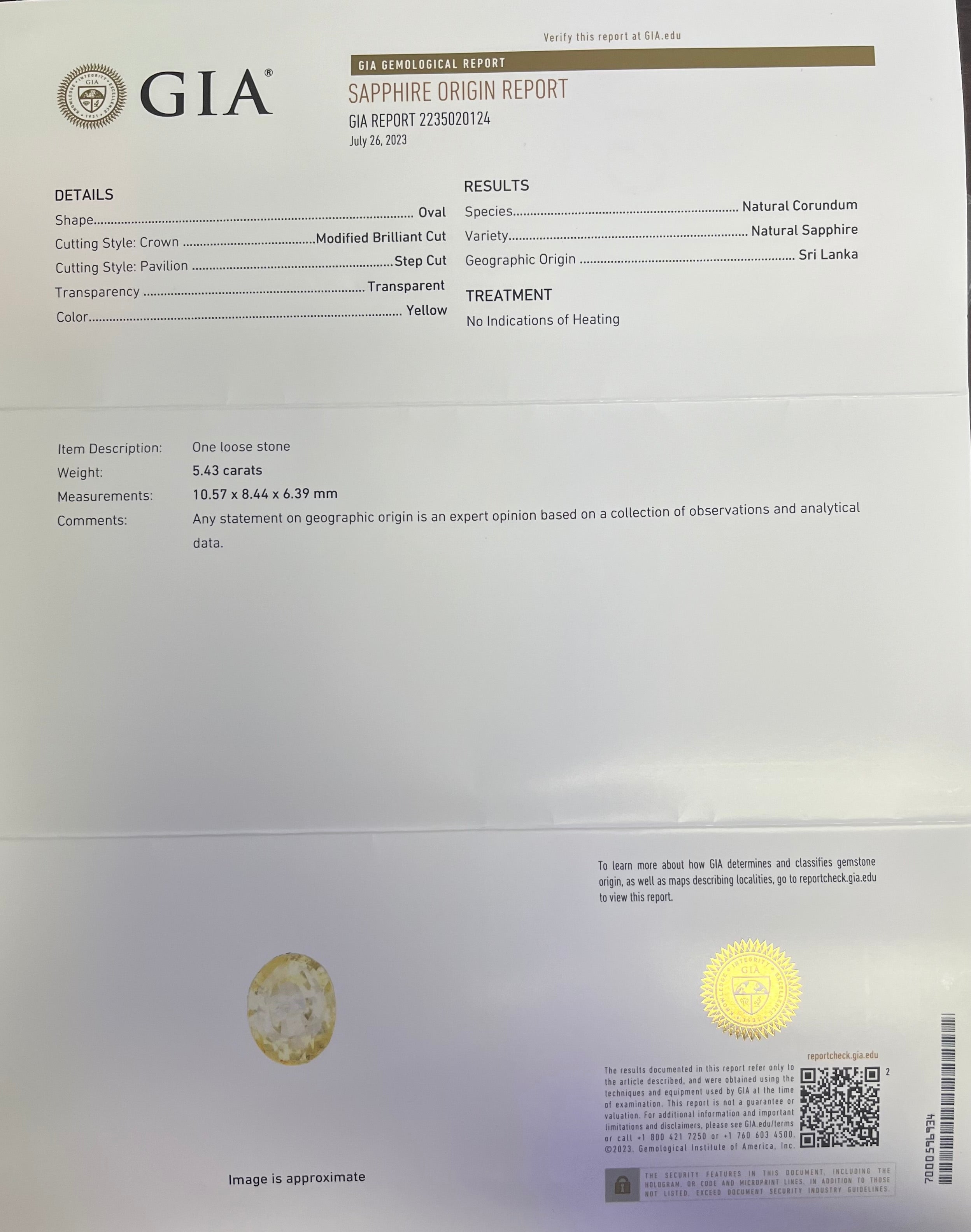 5.43CT YELLOW NATURAL SAPPHIRE TRANPARENT OVAL GIA