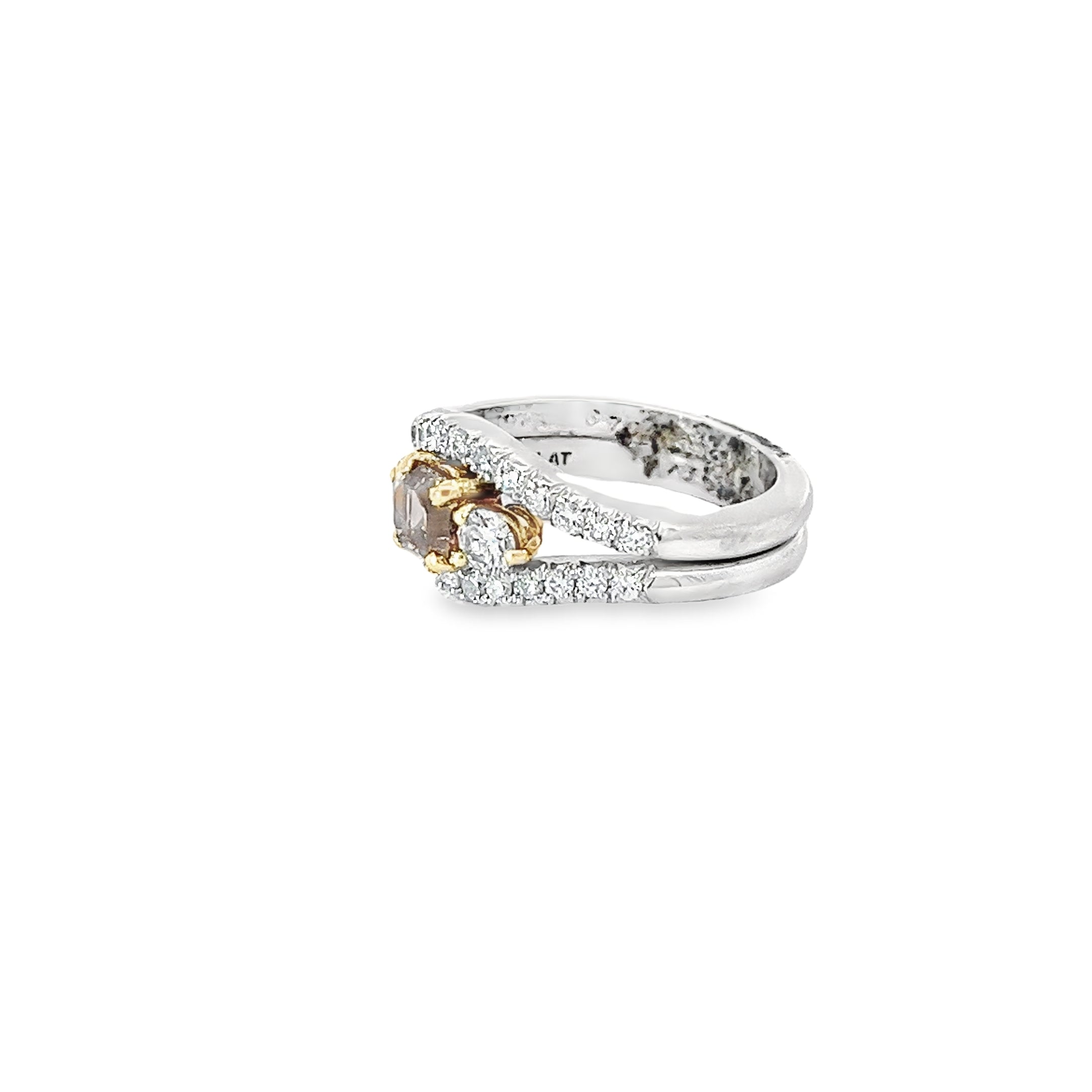 18k white Gold .70ct  Natural Fancy Dark Orange Brown  Cushion Shape Diamond and .75ct F VS1 / G VS2 Round Diamond along Engagement Ring  Certified By GIA #1206068551 Size 6 1/4