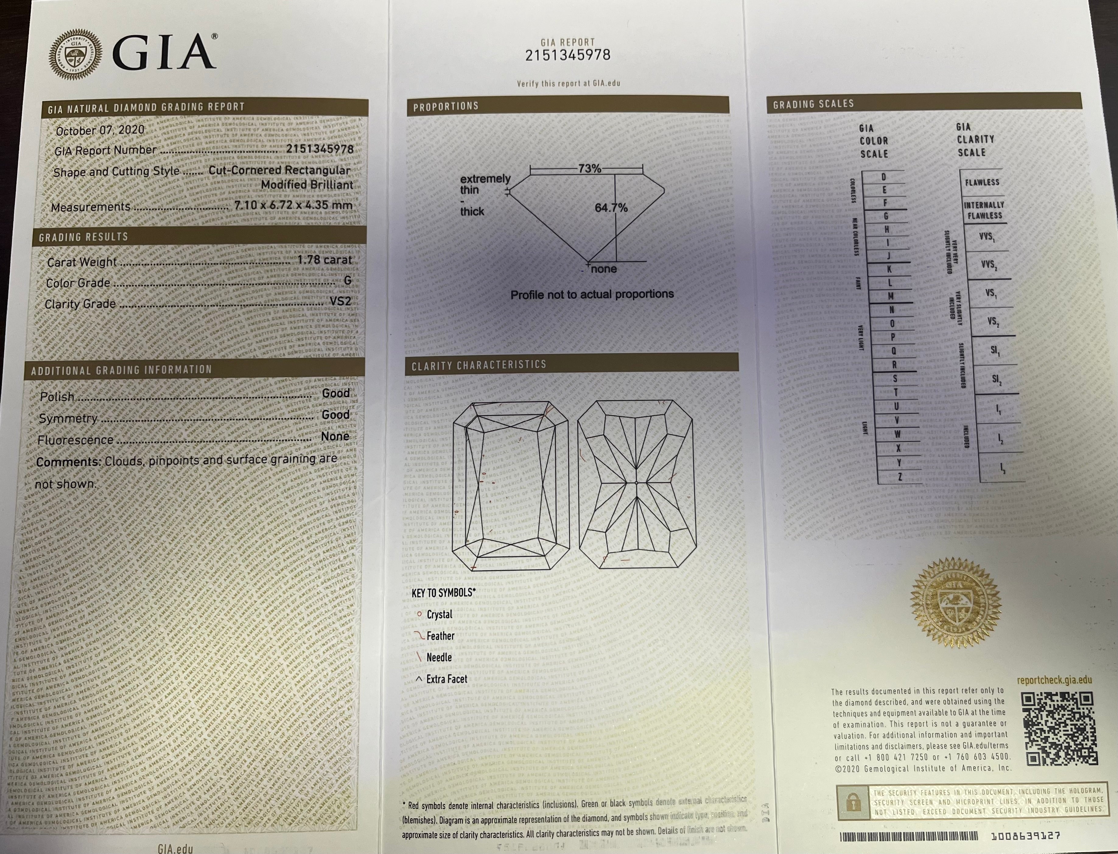14k White Gold 1.78ct G VS2 Rectangular Cut Corner Diamond /.32ct G VS2 Round Diamond Ring Certified by GIA #2151345978