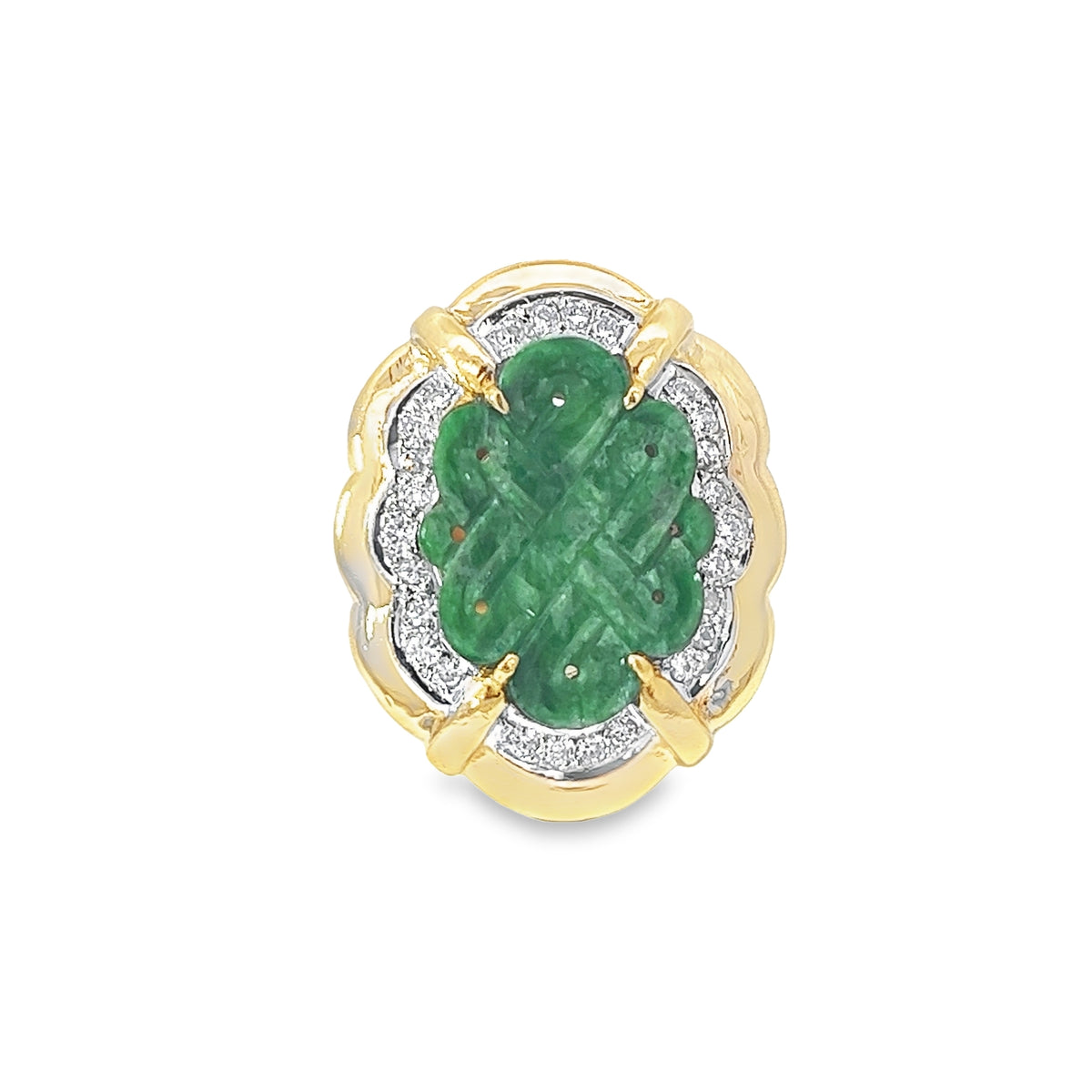 18 k yellow gold vintage carved jade and .25ct total weight of f color vs2 clarity 16.9 gram 1 x 3/4 inch ring