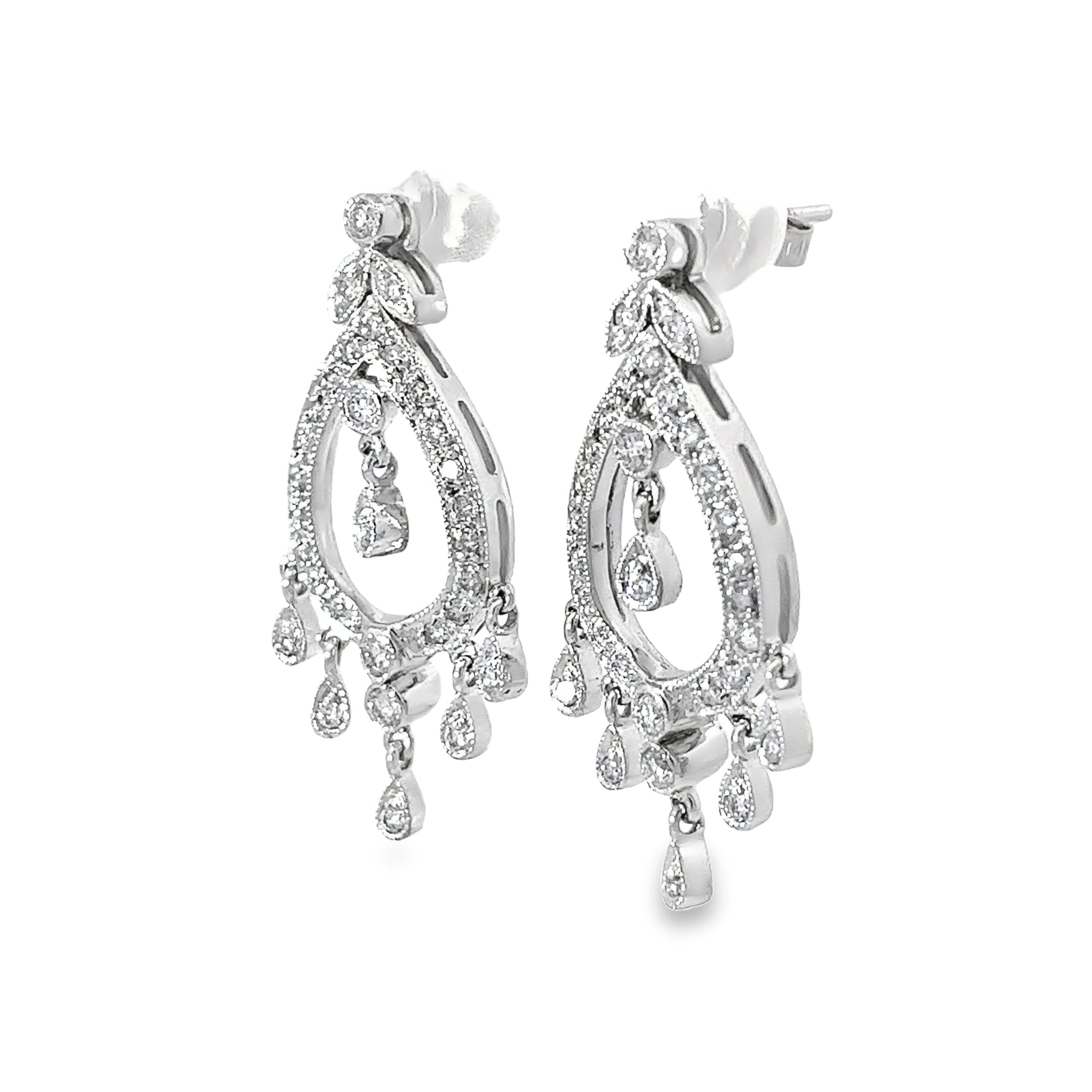 14k White Gold 1.00 G SI1 Round Diamond Chandelier Earrings