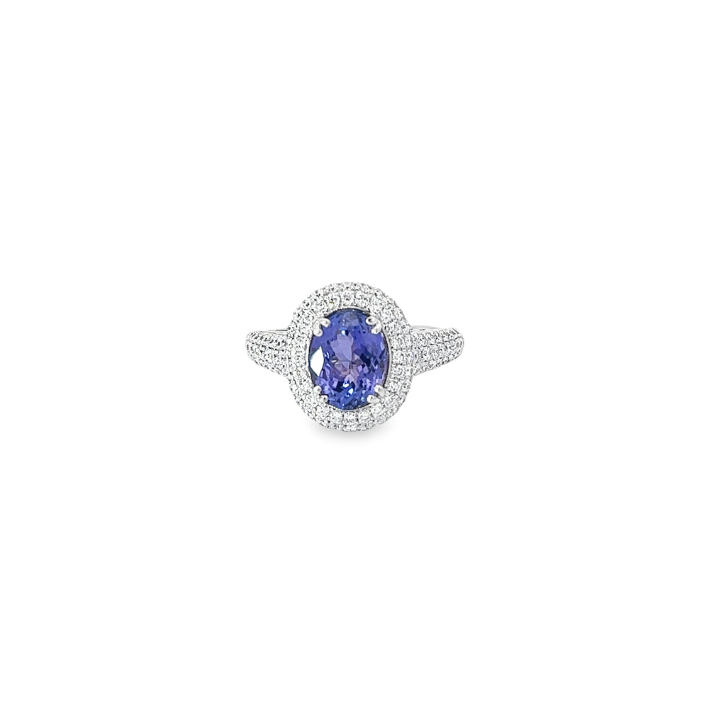 18K WHITE GOLD 2.00ct TANZANITE AA AND 1.00ct F VS2 ROUND DIAMOND PAVE RING