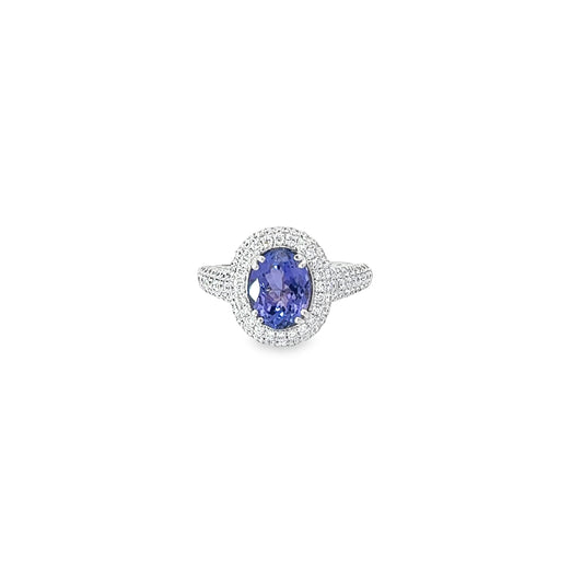 18k White Gold 2.00ct Tanzanite AA and 1.00ct F VS2 Round Diamond Pave Ring