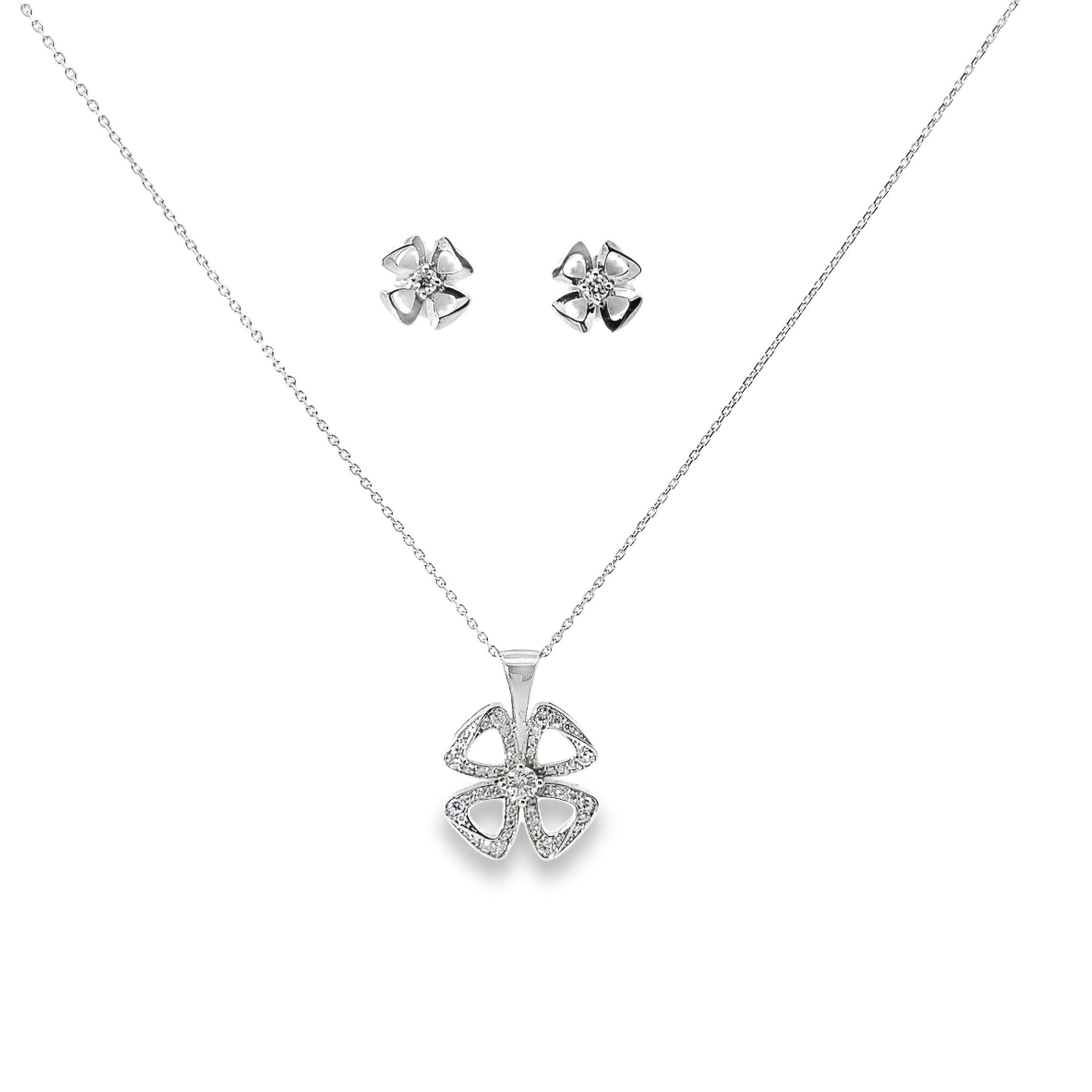 14k White Gold .50ct G VS2 Round Diamond Clover Necklace and Earrings Set