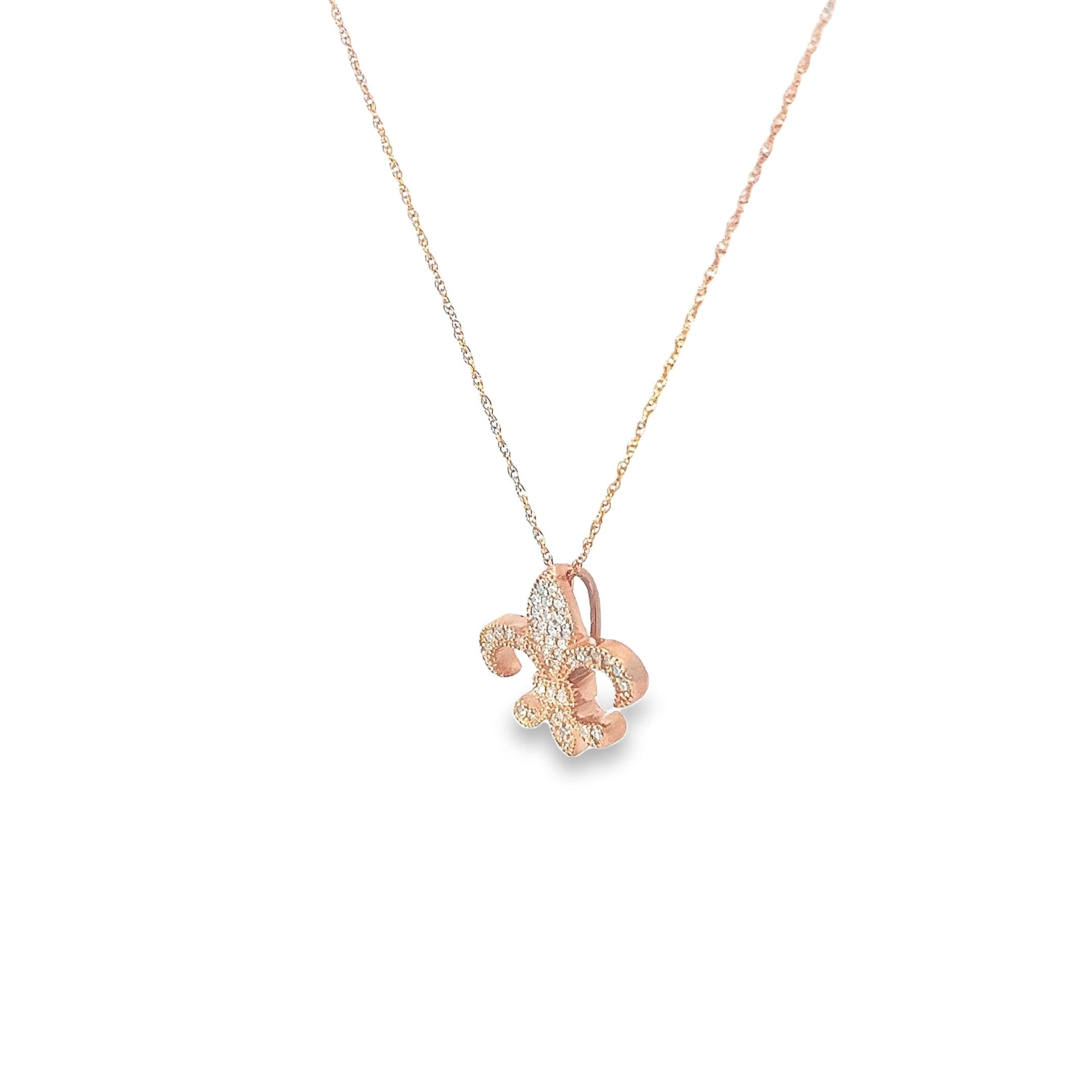 Ladies 14k rose gold Fleur De Lis Diamond Necklace