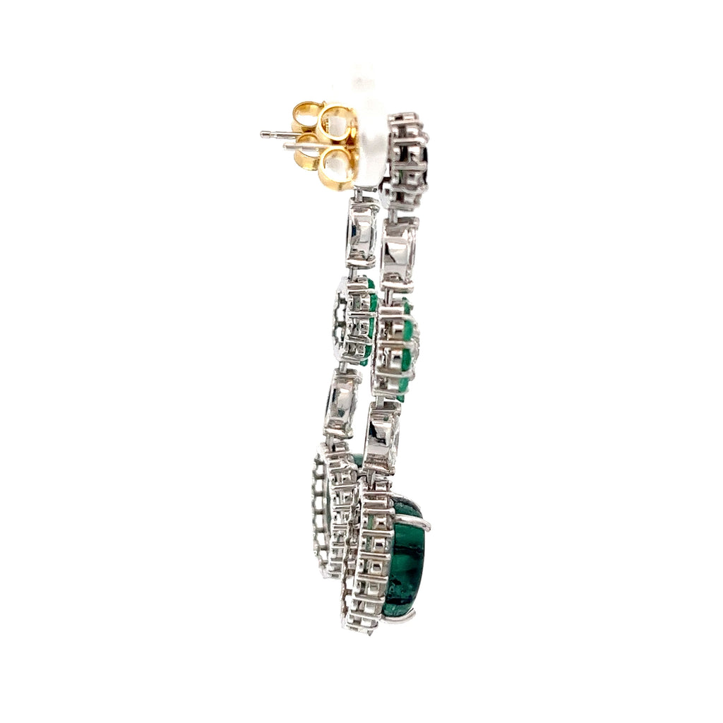 18k White Gold 8.35ct Trapiche Emerald, 1.03ct Old Mine Cut Round Diamond, .95ct Colombian Round Emeralds and .65ct G VS2 Marquise Dangle Earrings