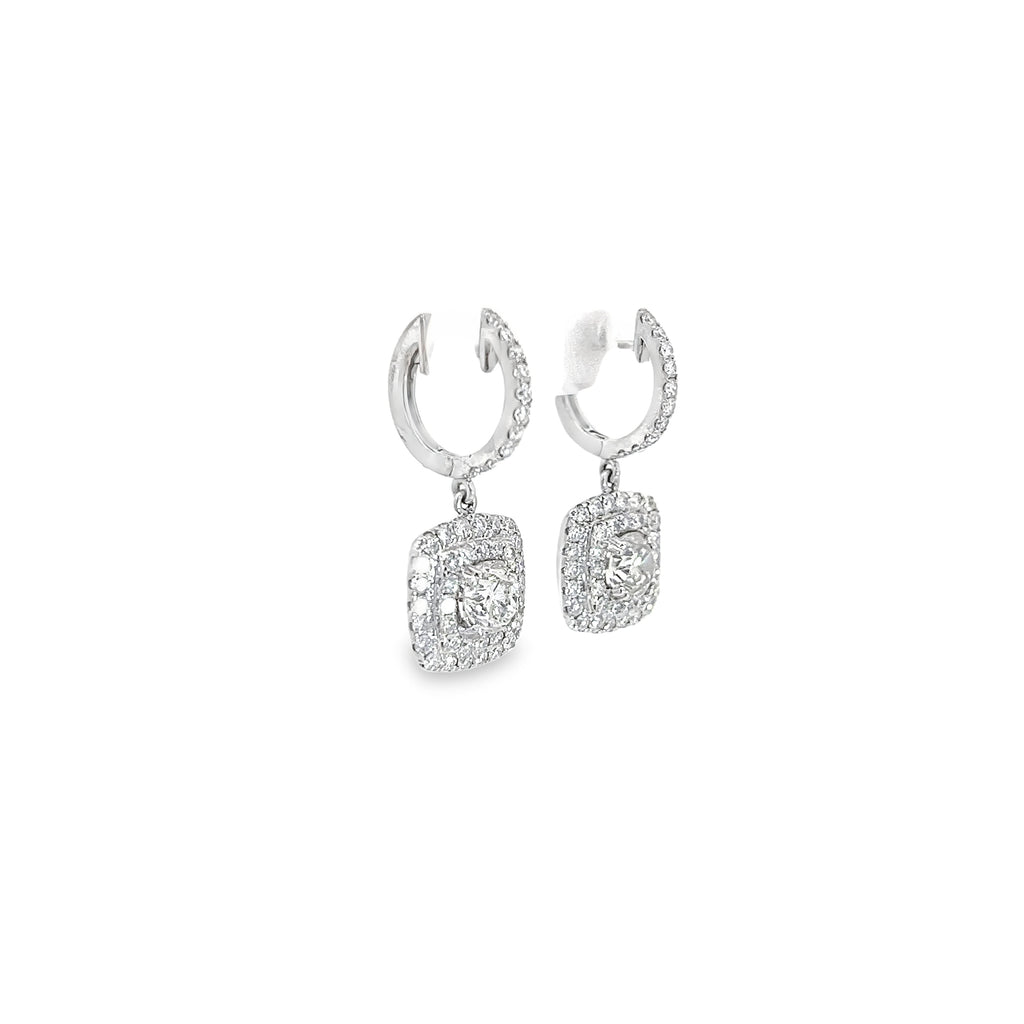 18k White Gold 1.43ct Round Center Diamond and 1.50ct G VS2 Round Pave Drop Earrings