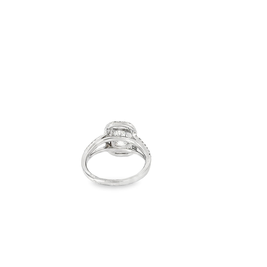 PLATINUM .70CT CENTER EMERALD CUT I VS2 AND .55CT G VS2 DOUBLE HALO SPLIT SHANK ENGAGEMENT RING