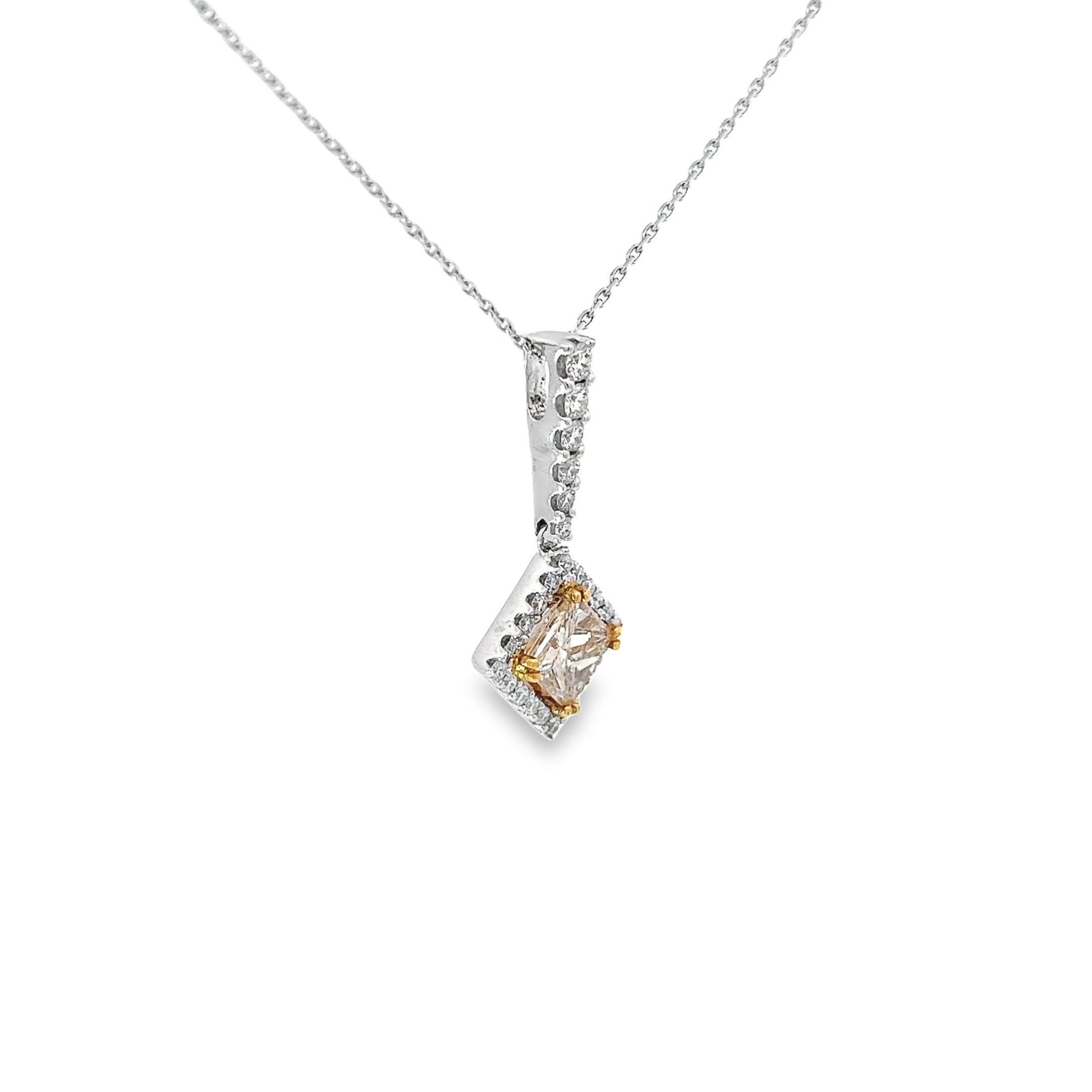 18k White Gold 1.38ct VS2 Light Fancy Brown Princess Cut Diamond and .60ct F VS2 Round Necklace