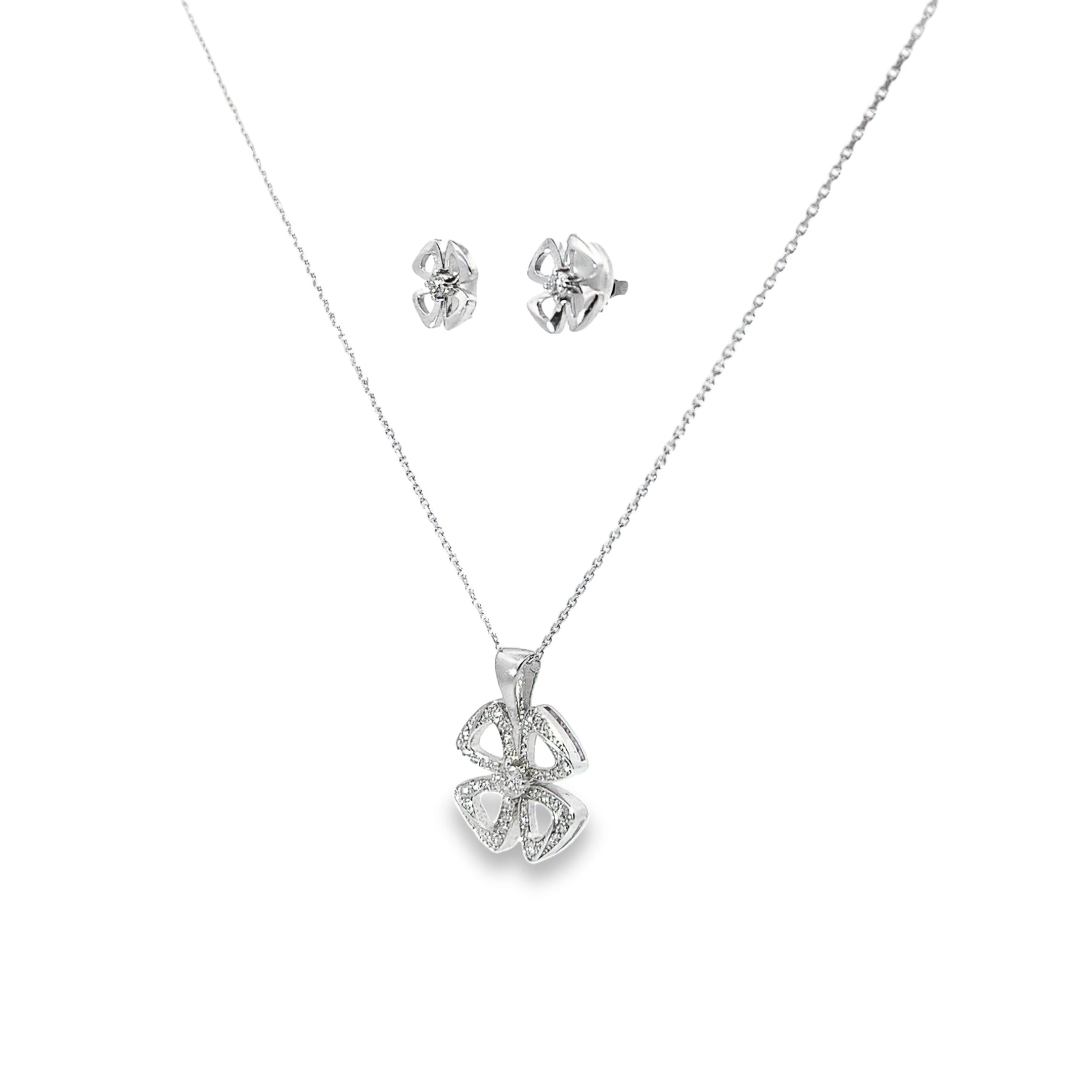 14k White Gold .50ct G VS2 Round Diamond Clover Necklace and Earrings Set