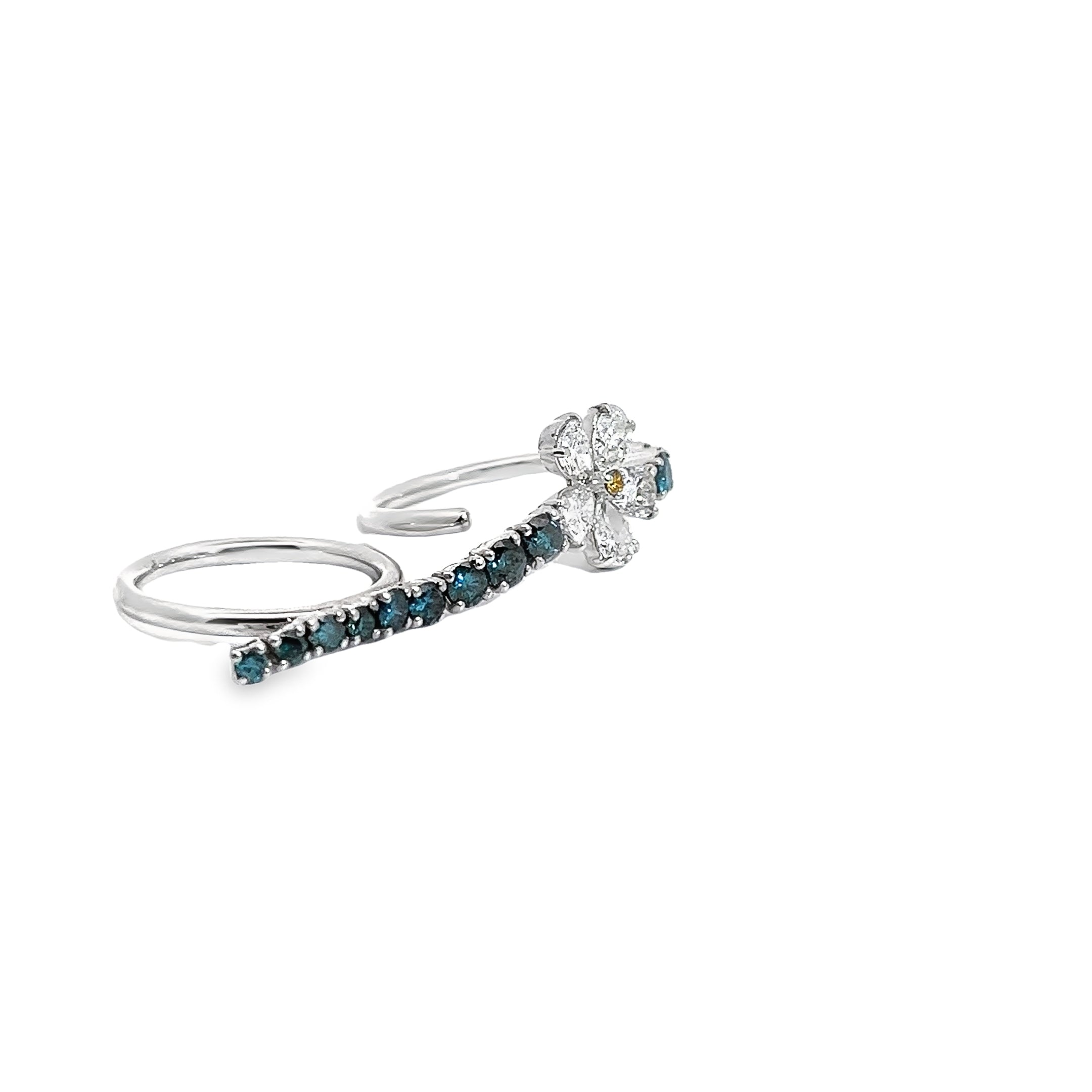 18k White Gold 1.65ct F VS2 Pear Shape Diamond and 1.45 Round Blue Diamond Fashion 2 finger ring