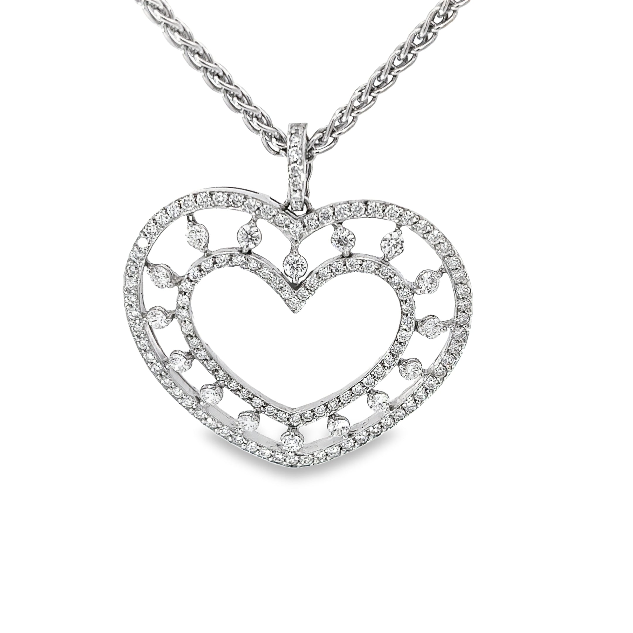 18k White Gold 2.50ct F VS2 Round Diamond Double Rim Heart Necklace