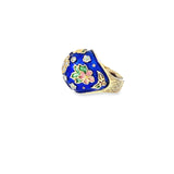 14k yellow gold domed floral vintage enamel and .50ct total weight of f color vs1 clarity diamond ring 11 gram