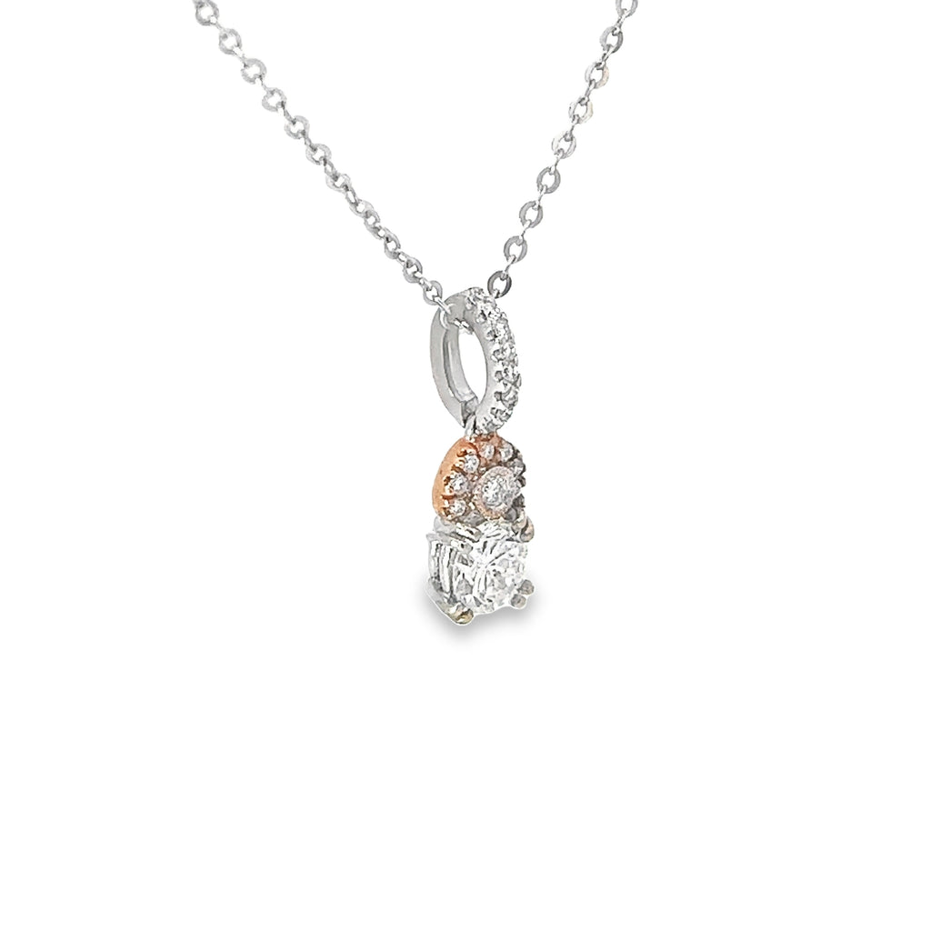18k Two Tone .54ct G SI1 Center Round Diamond with .18ct F VS2 Round Diamond Halo Drop Necklace