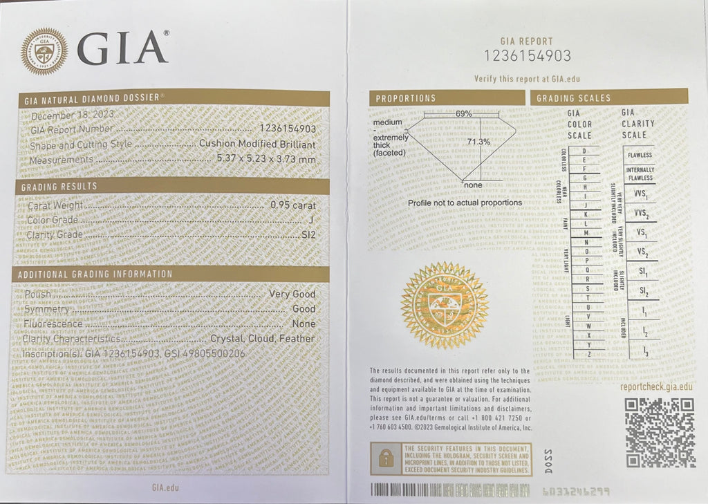 0.95 CT J SI1 CUSHION LOOSE DIAMOND CERTIFIED BY GIA # 1236154903