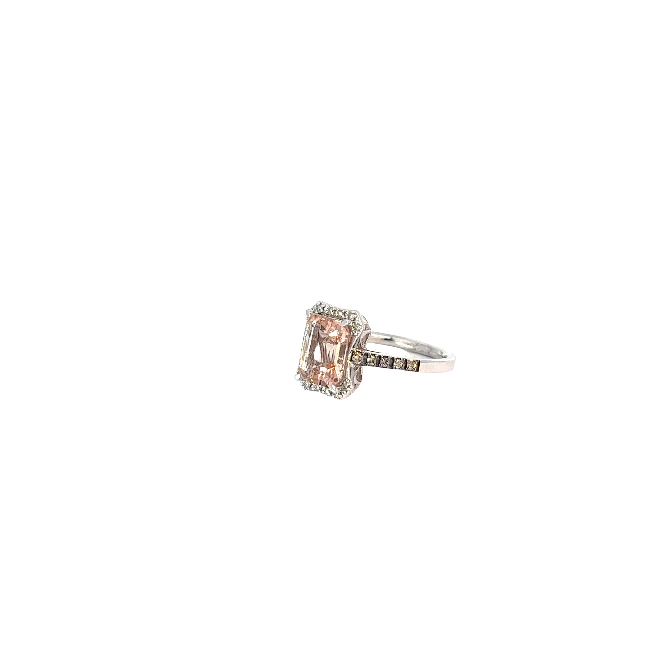 14k White Gold 1 3/4ct Emerald Cut Morganite and 1/15ct Round Vanilla and 1/10ct Chocolate Diamond Ring Le Vian Size 7