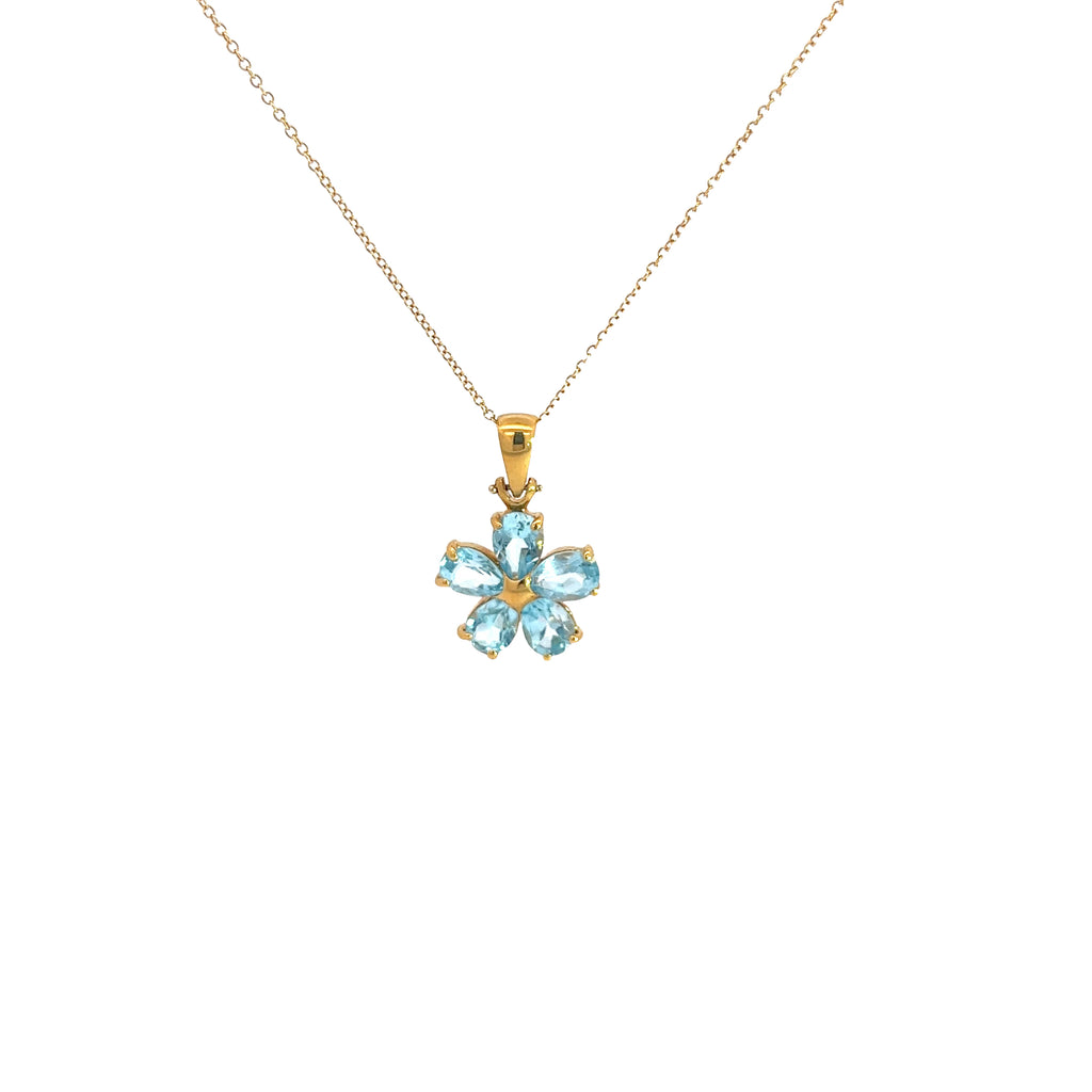 18k Yellow Gold Pear Shape Criso Blue Topaz Flower Necklace