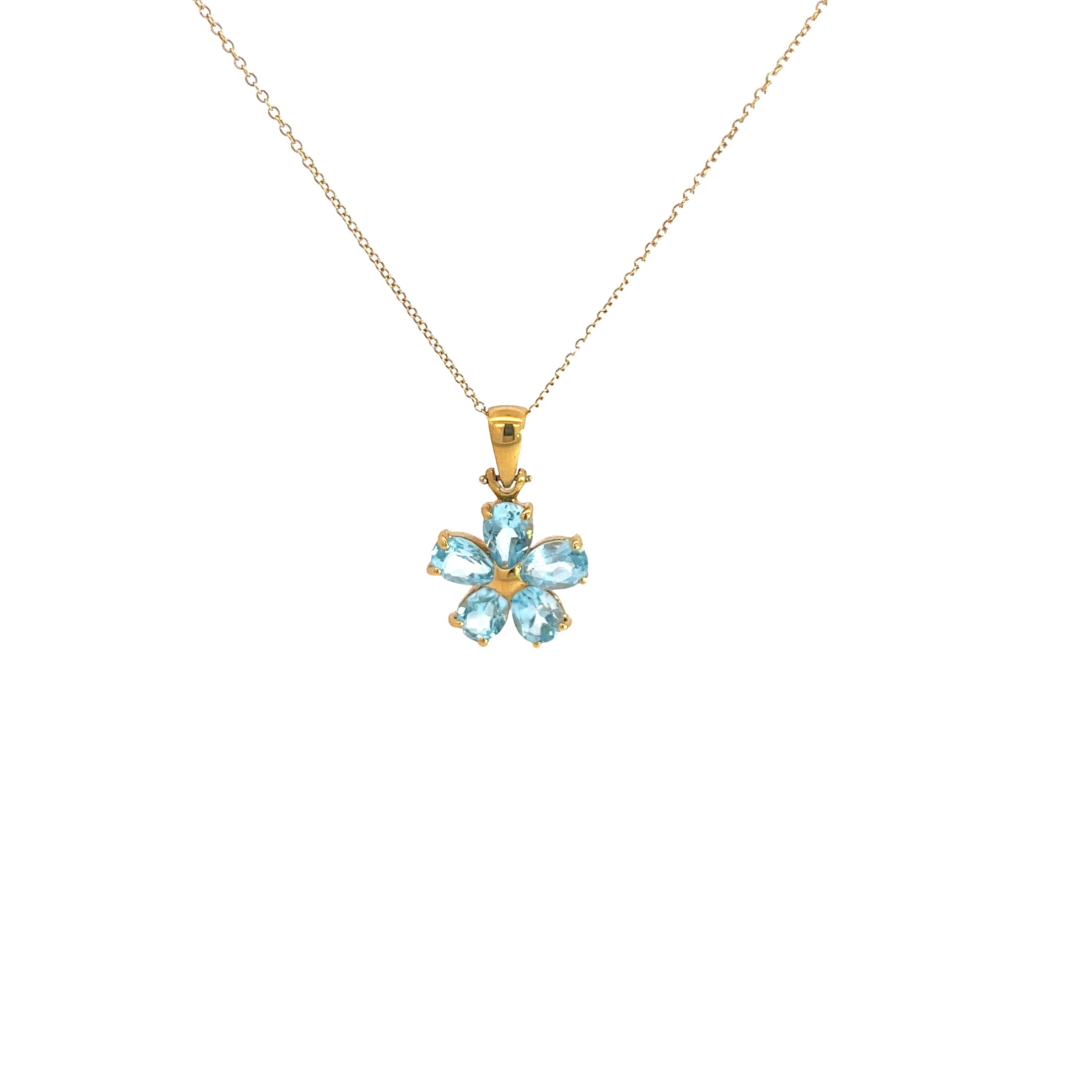 18k Yellow Gold Pear Shape Criso Blue Topaz Flower Necklace