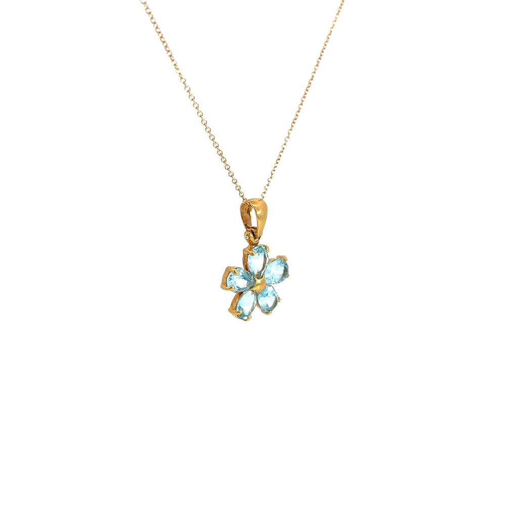 18k Yellow Gold Pear Shape Criso Blue Topaz Flower Necklace