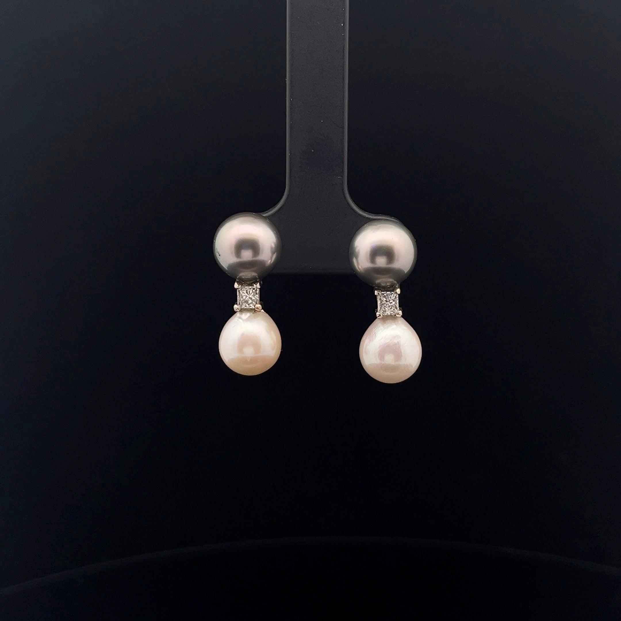 14k White Gold .25ct G VS2 Princess Cut Diamond and Tahitian and Akoya Pearl 8mm Earrings