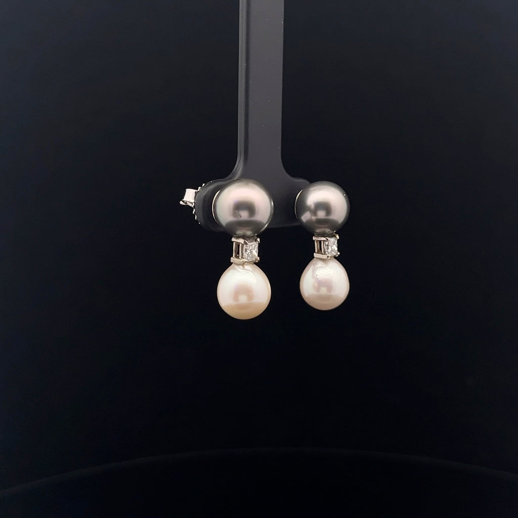 14k White Gold .25ct G VS2 Princess Cut Diamond and Tahitian and Akoya Pearl 8mm Earrings