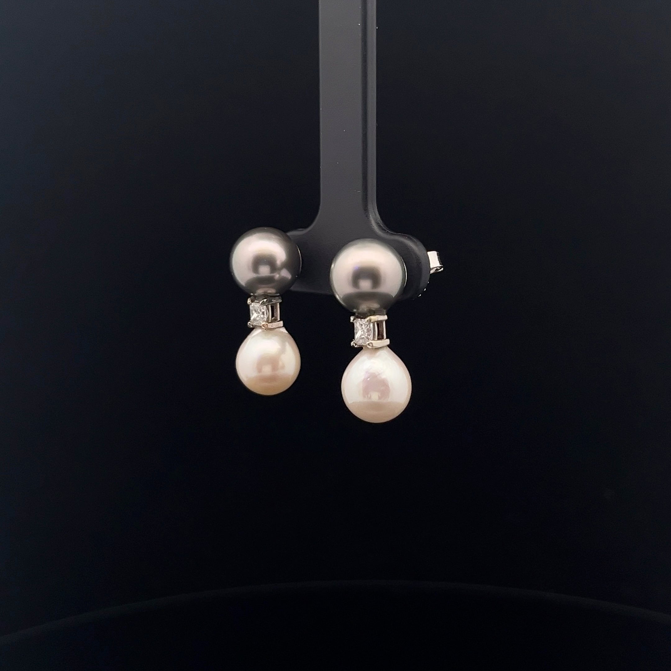 14k White Gold .25ct G VS2 Princess Cut Diamond and Tahitian and Akoya Pearl 8mm Earrings