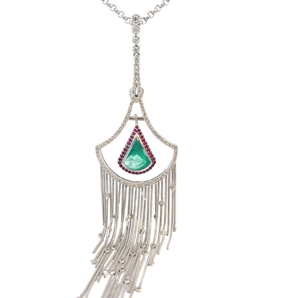 18k White Gold 1.85ct Pear Shape Emerald/ .78ct F VS2 Round Diamond and .50ct Round Ruby Necklace