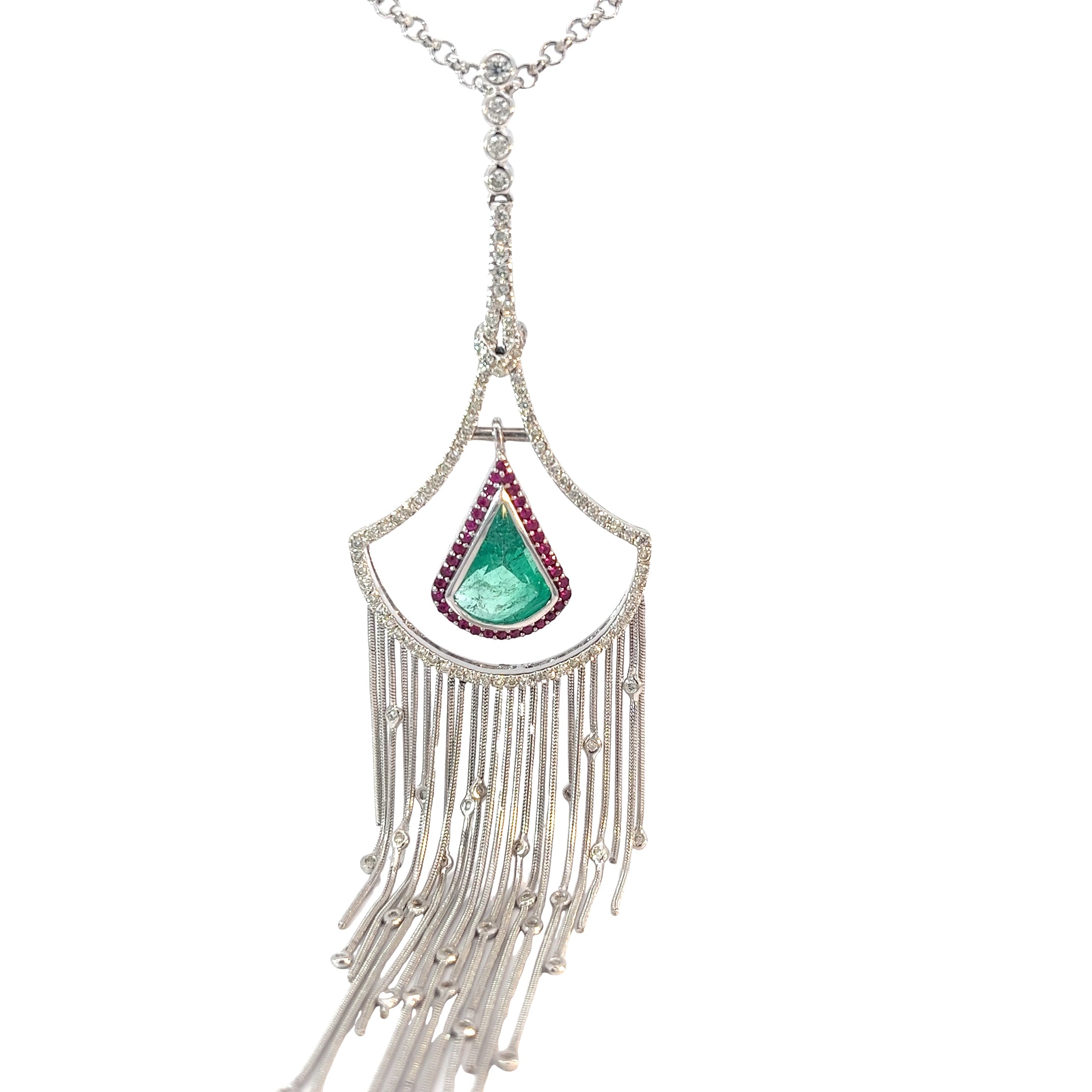 18k White Gold 1.85ct Pear Shape Emerald/ .78ct F VS2 Round Diamond and .50ct Round Ruby Necklace