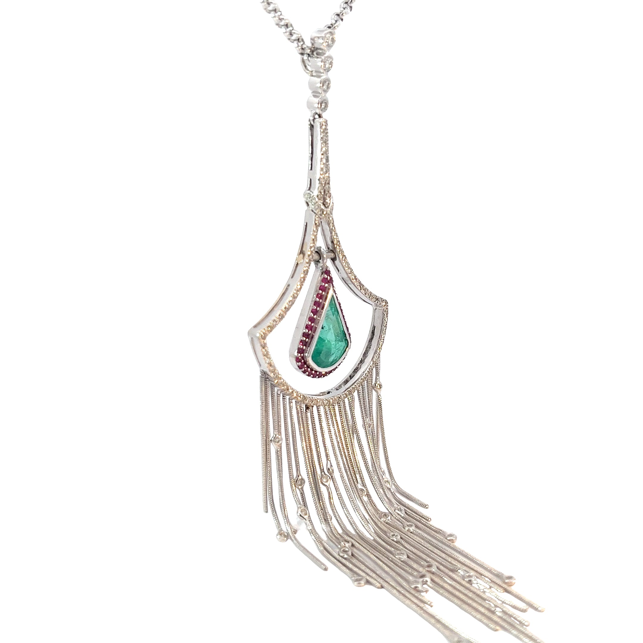 18k White Gold 1.85ct Pear Shape Emerald/ .78ct F VS2 Round Diamond and .50ct Round Ruby Necklace