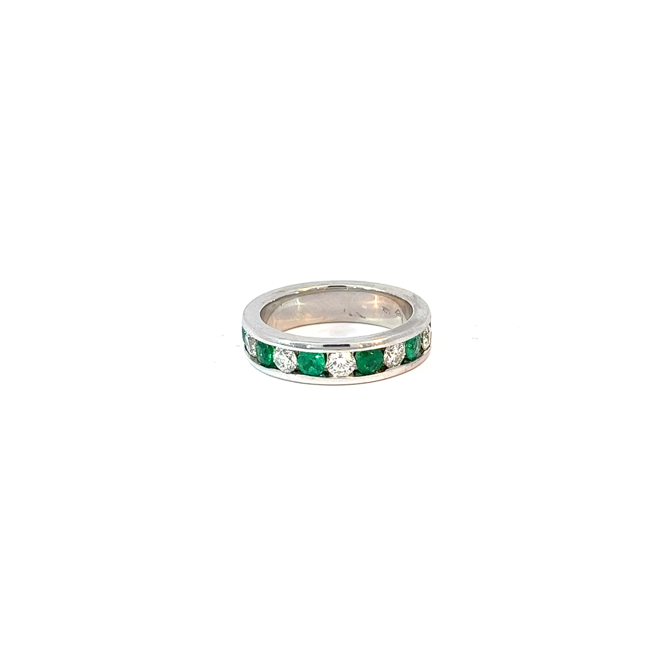 14k White Gold 1.15ct Round Green Emerald and 1.00ct G VS2 Round Diamond Eternity Ring