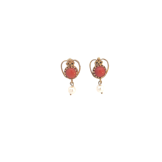 14k Yellow Gold Vintage Coral and Pearl Earrings