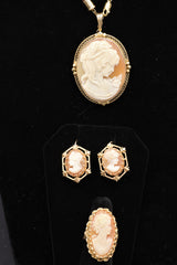 14k Yellow Gold Earring ,Ring and Pendant Vintage Cameo Set