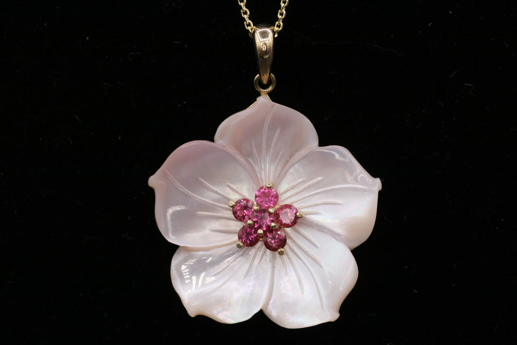 14k Yellow Gold Six Pink Tourmaline and Mother of Pearl necklace